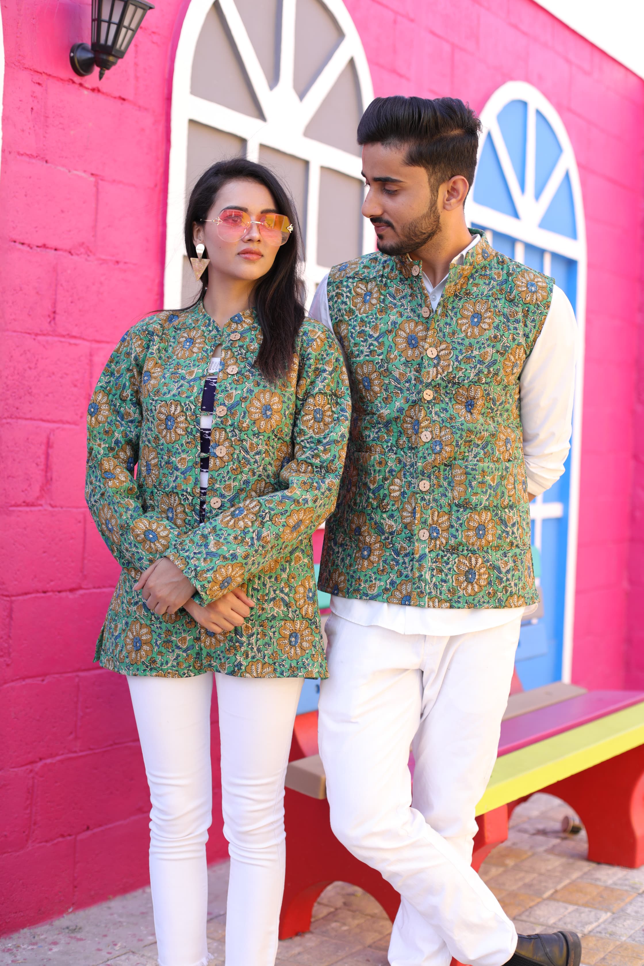 Green Color Twinning Couple Pure Cotton Bagru Print Quilted Reversible Jackets