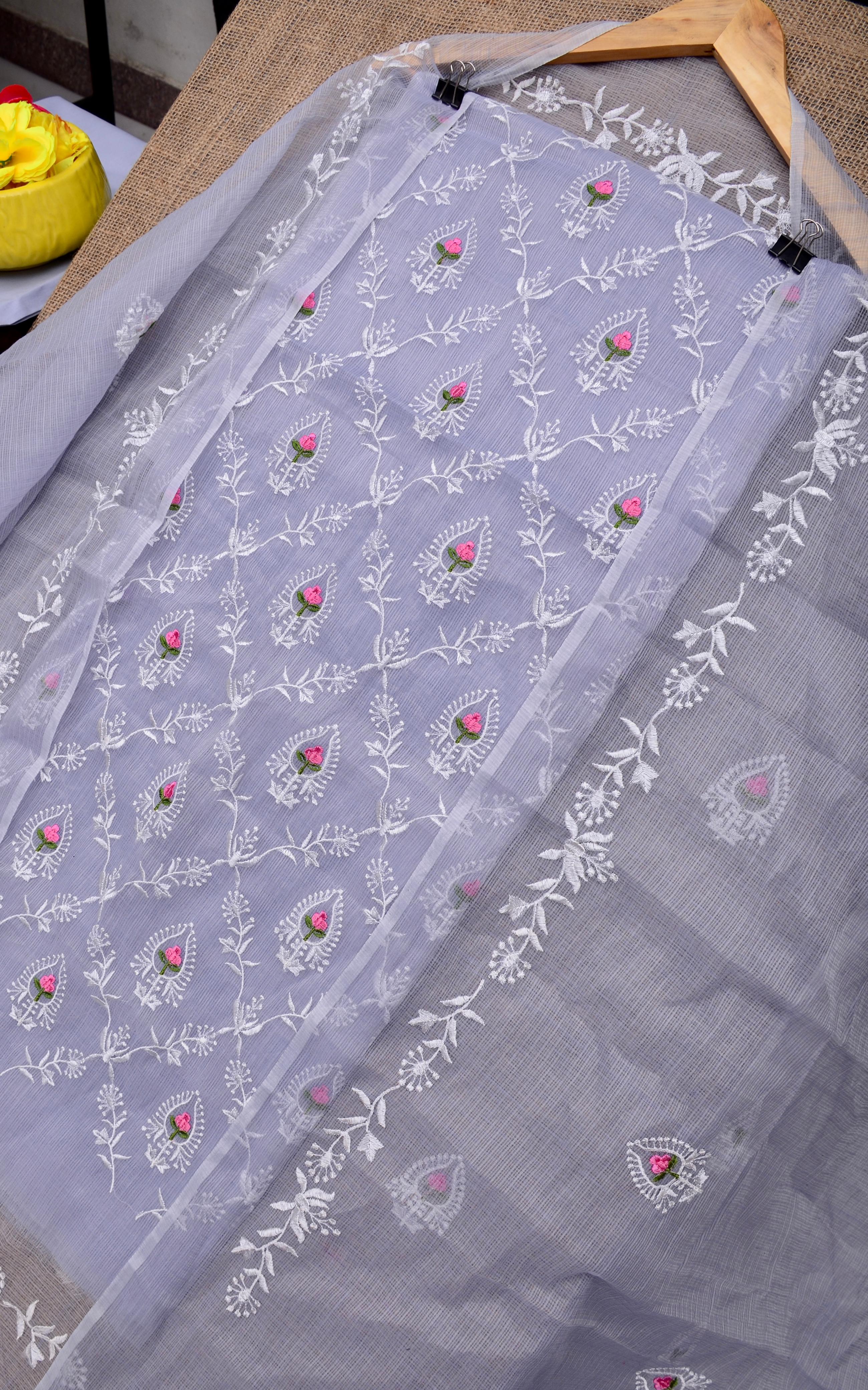 Light Purple Kota Doria Embroidery Suit Fabric With Dupatta