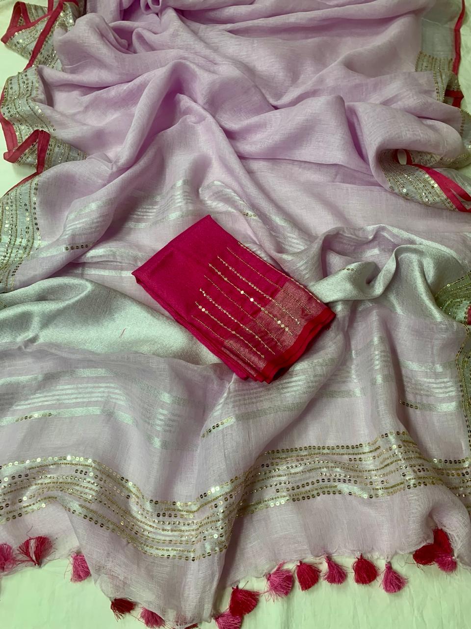 Baby Pink Pure Linen Embroidery Saree