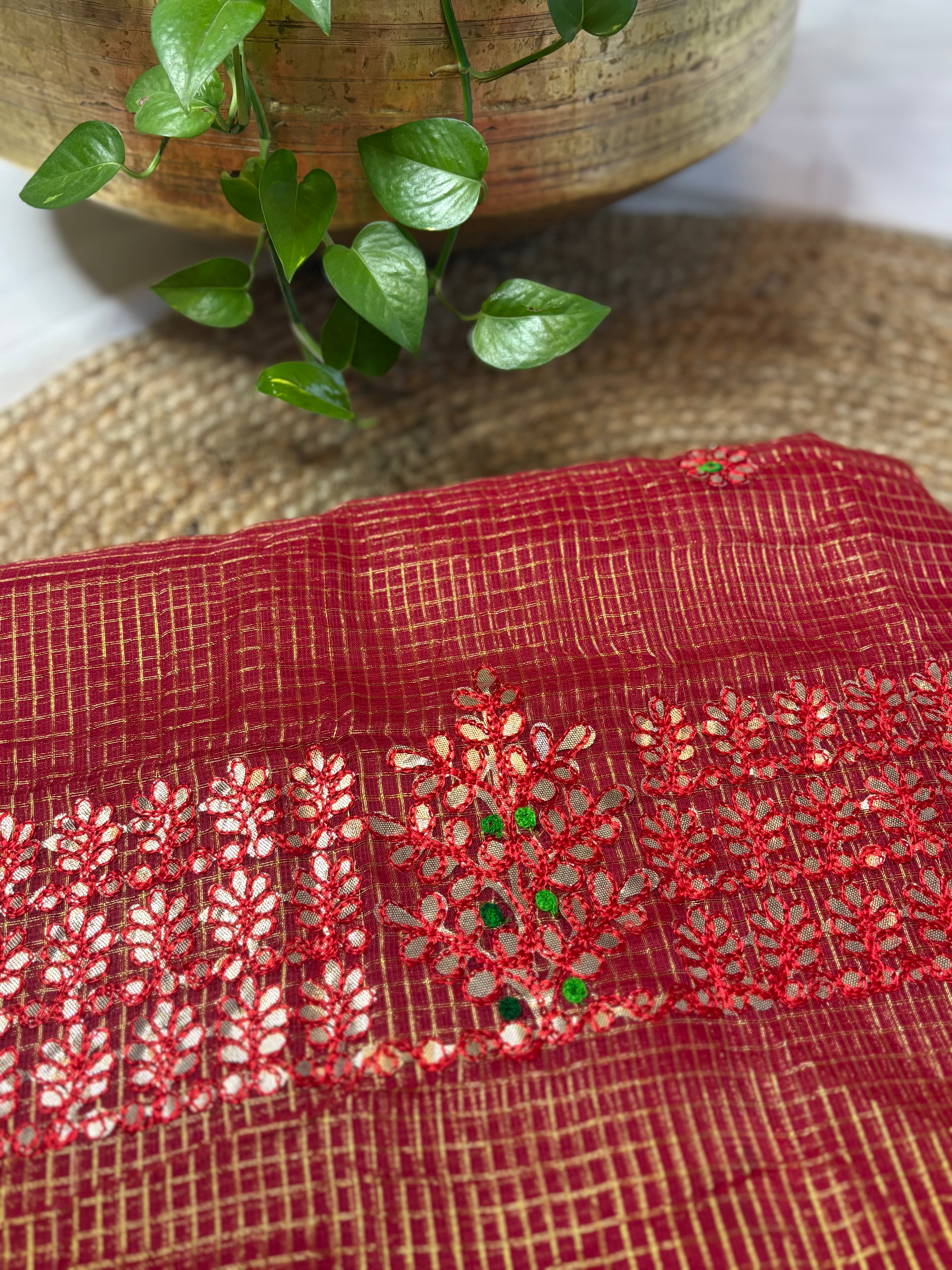 Gulbano Red Kota Doria Gota Patti Saree