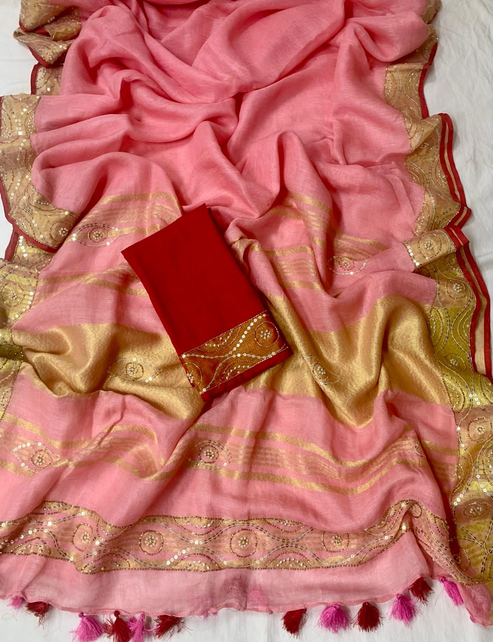 Pink Pure Linen Embroidery Saree