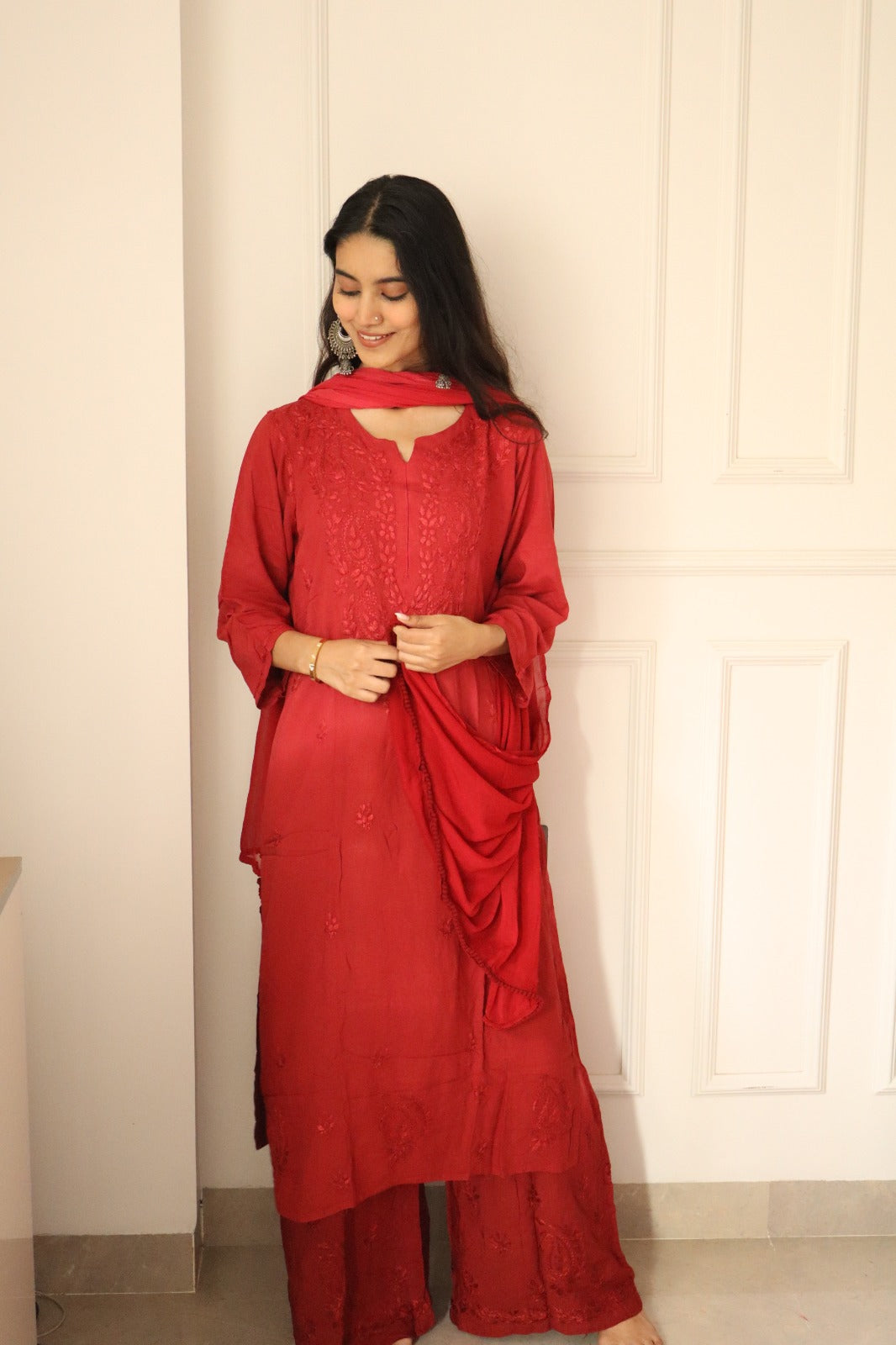 Red Chikankari Rayon Kurti Palazzo Set With Dupatta