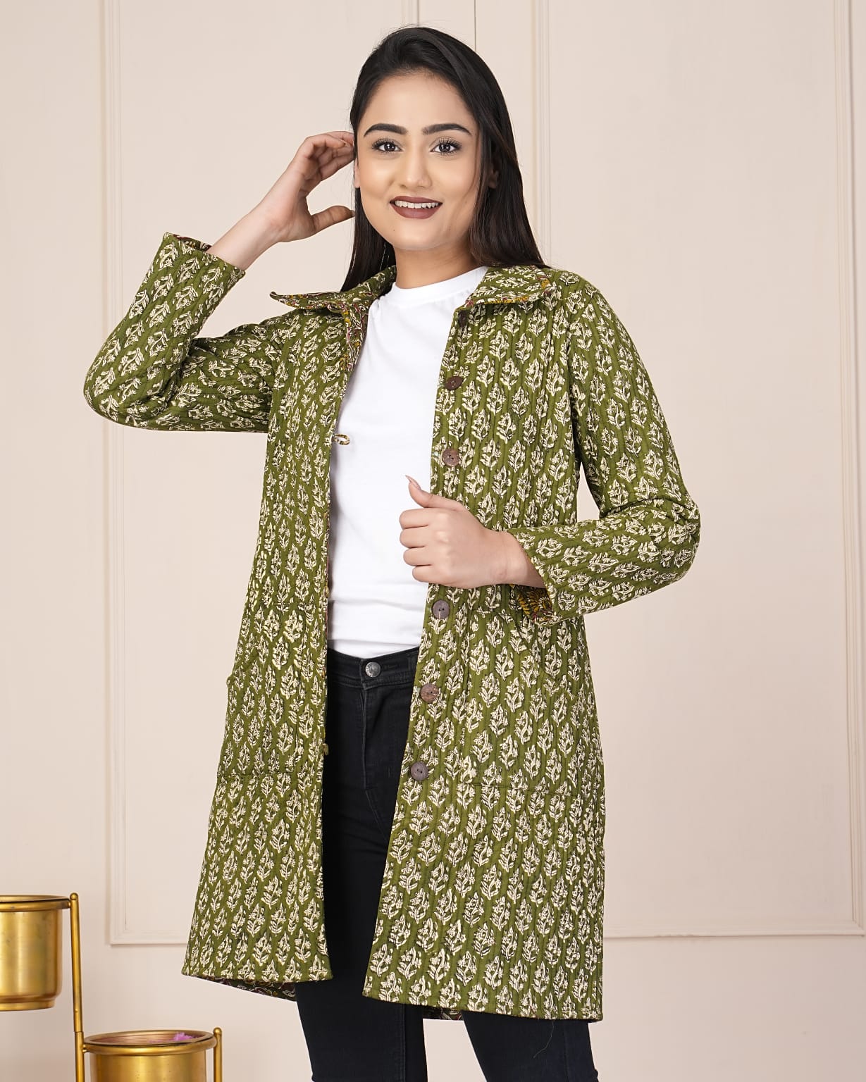 Beautiful Green Pure Cotton Quilted Reversible Print Long Jackets