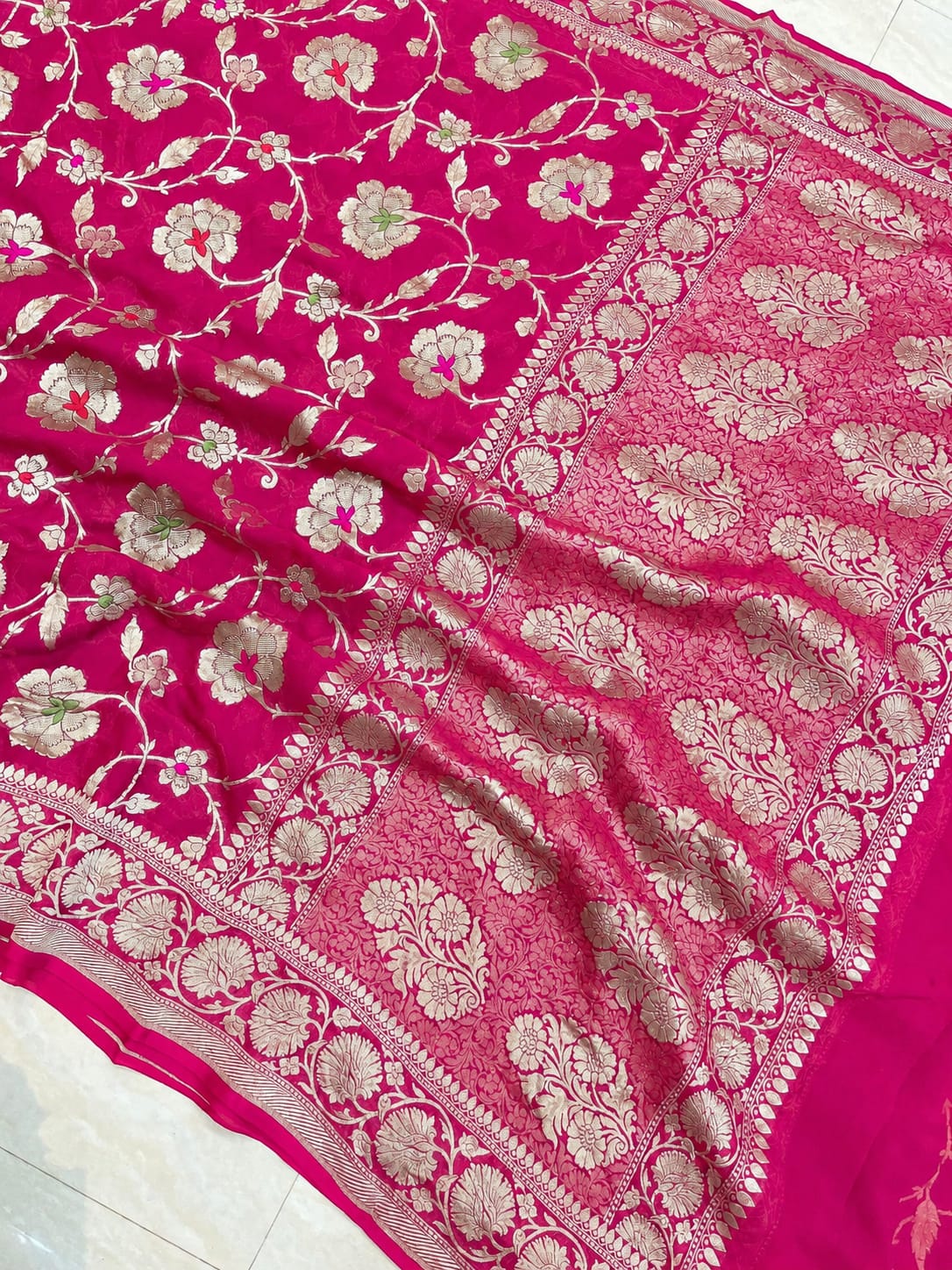 Rani Pink Banarasi Handloom Semi Georgette Saree