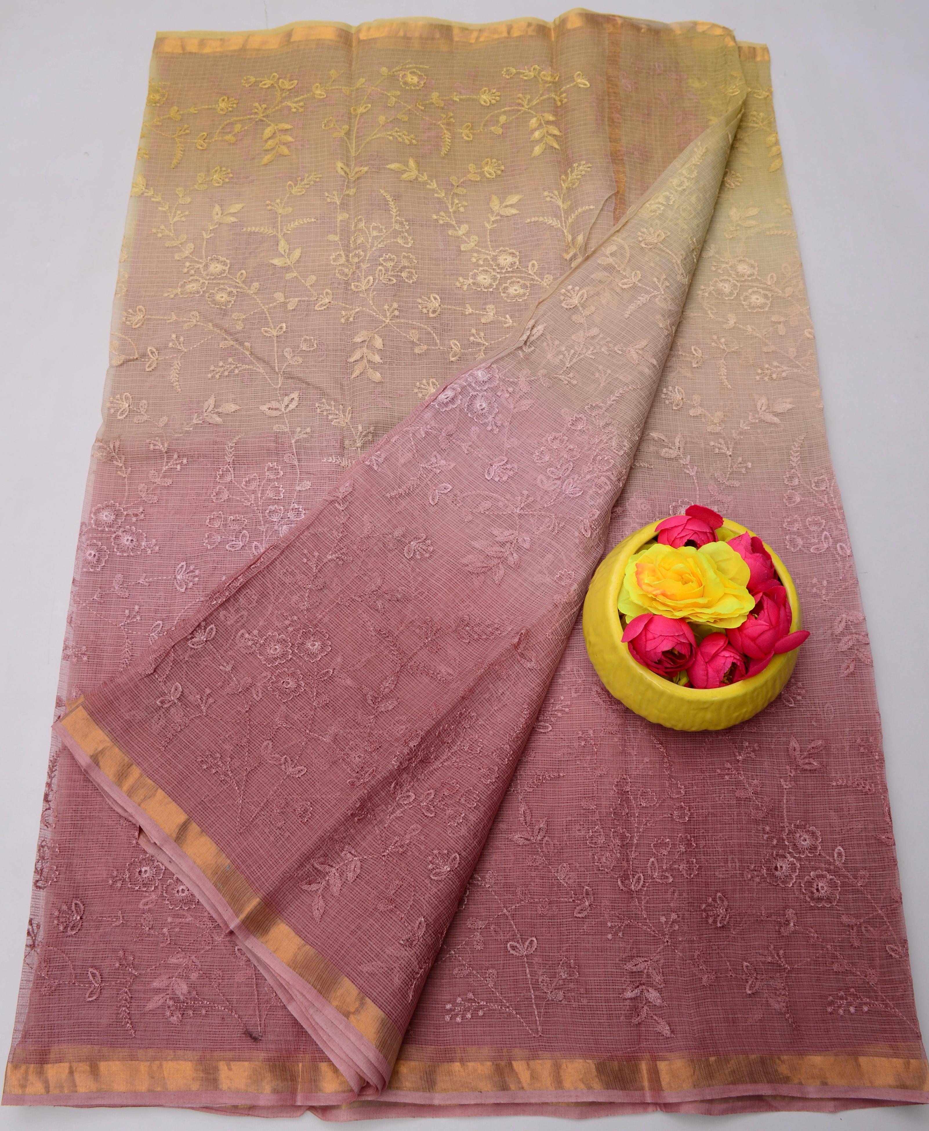 Mauve Pink & Olive Green Kota Doria Embroidery Work Saree