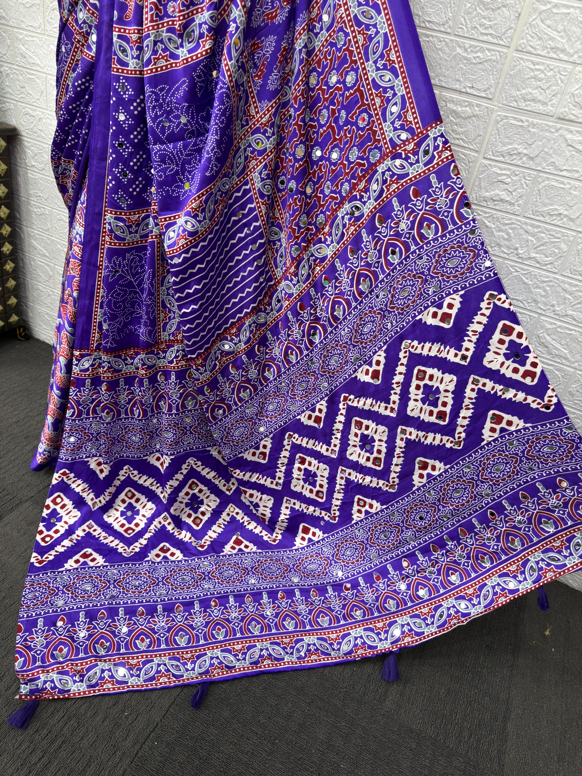 Purple Ajrakh Print Mirror Work Satin Silk Saree
