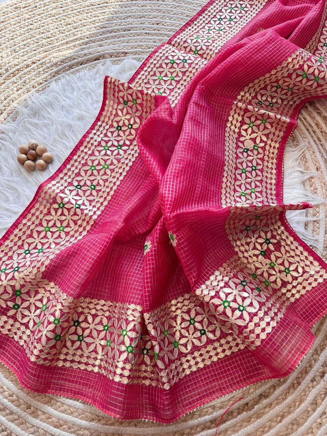 Kesarmati- Rani Pink Kota Doria Heavy Border Gota Patti Saree