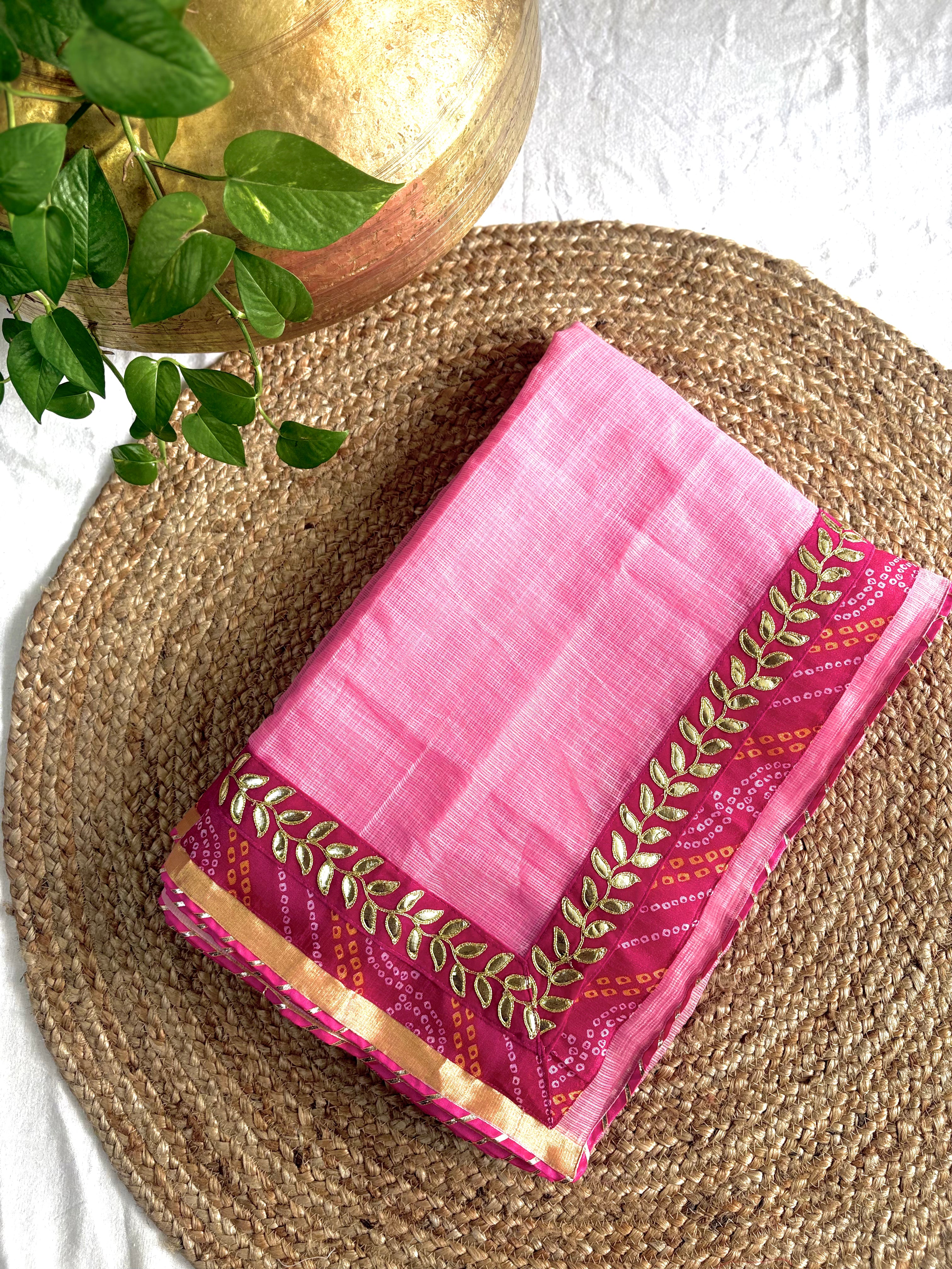 Pink colour Kota Doria Gota Patti Saree