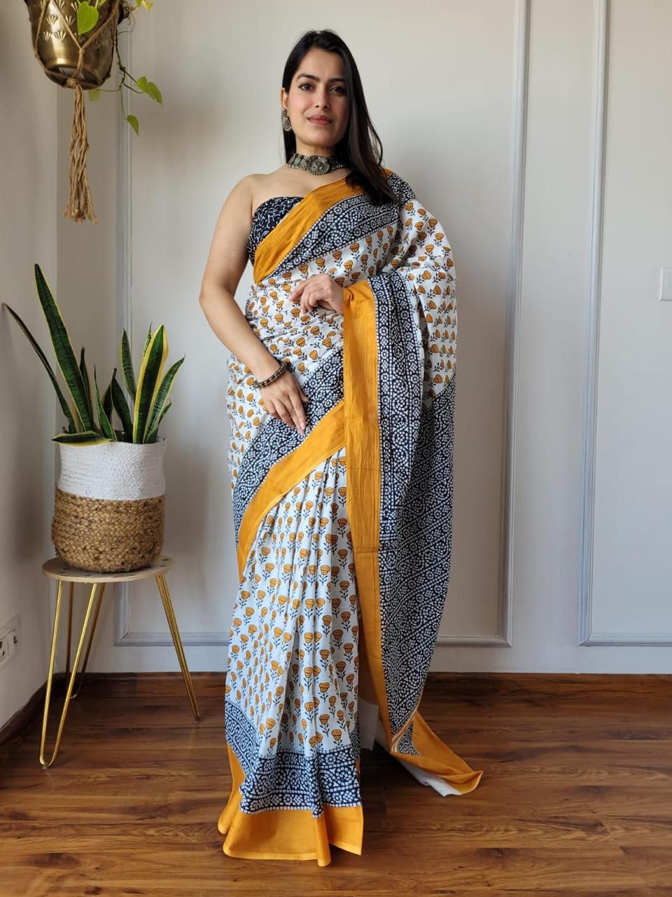 Off white Trending Indigo Hand Block Print MulMul Cotton Saree