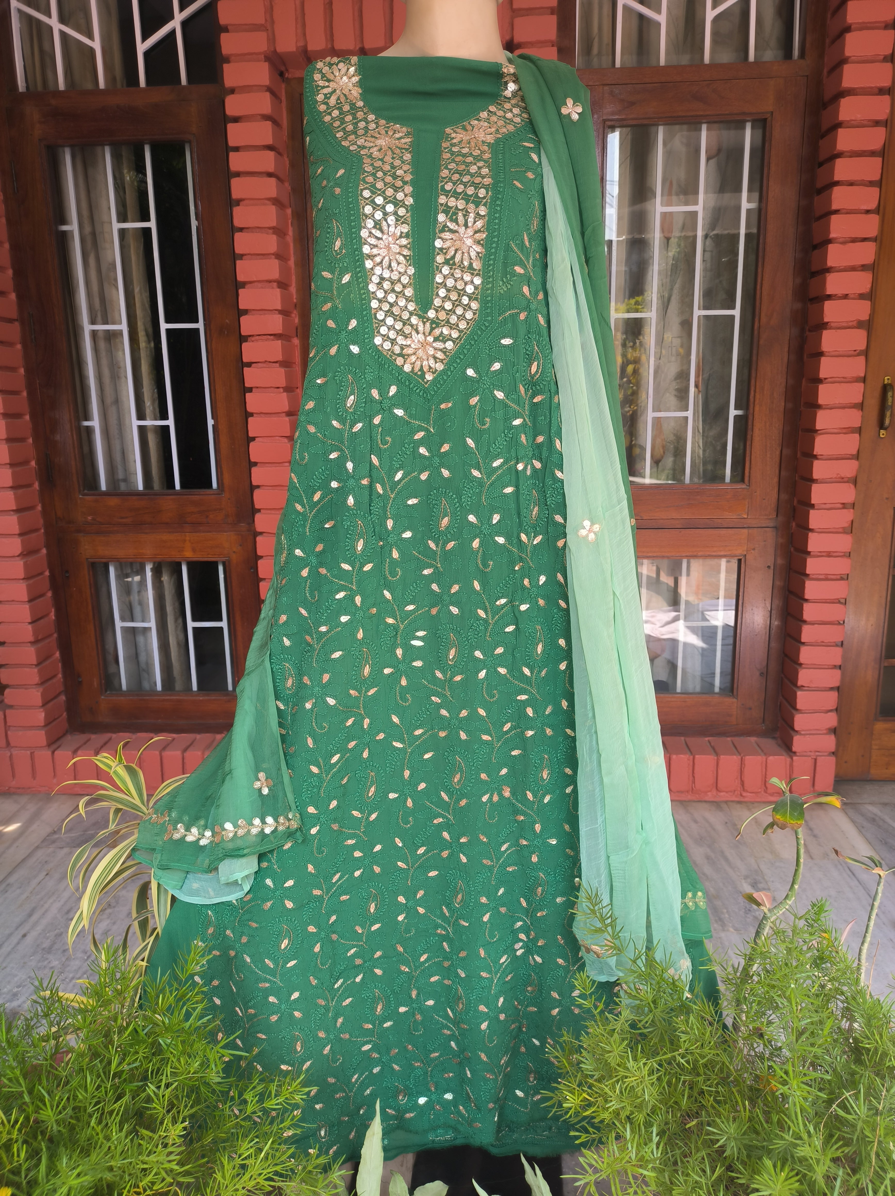 Rama Green Lucknowi Chikankari Gota Patti Salwar Suit(Dress Material)