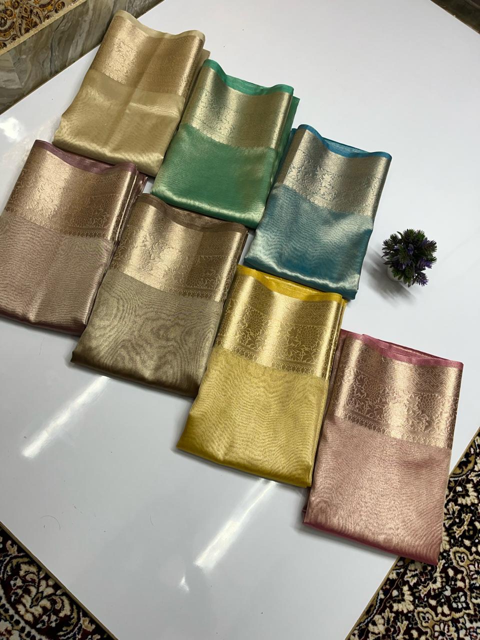 Colors available in banarasi soft tissue saree, Green, pink, ivory, yellow, blue, brown, gold