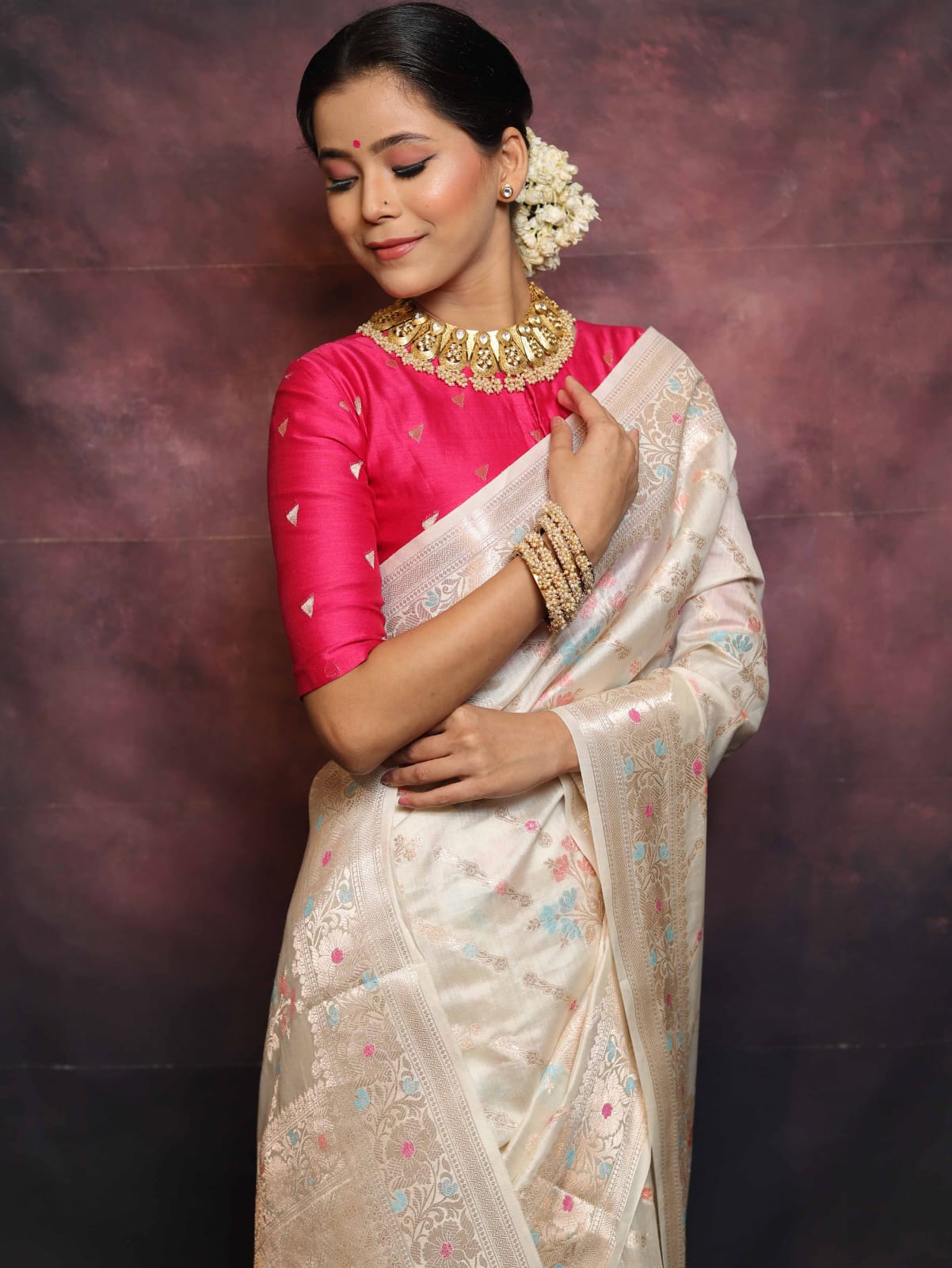 Rose Chiniya Silk Saree with Meenakari