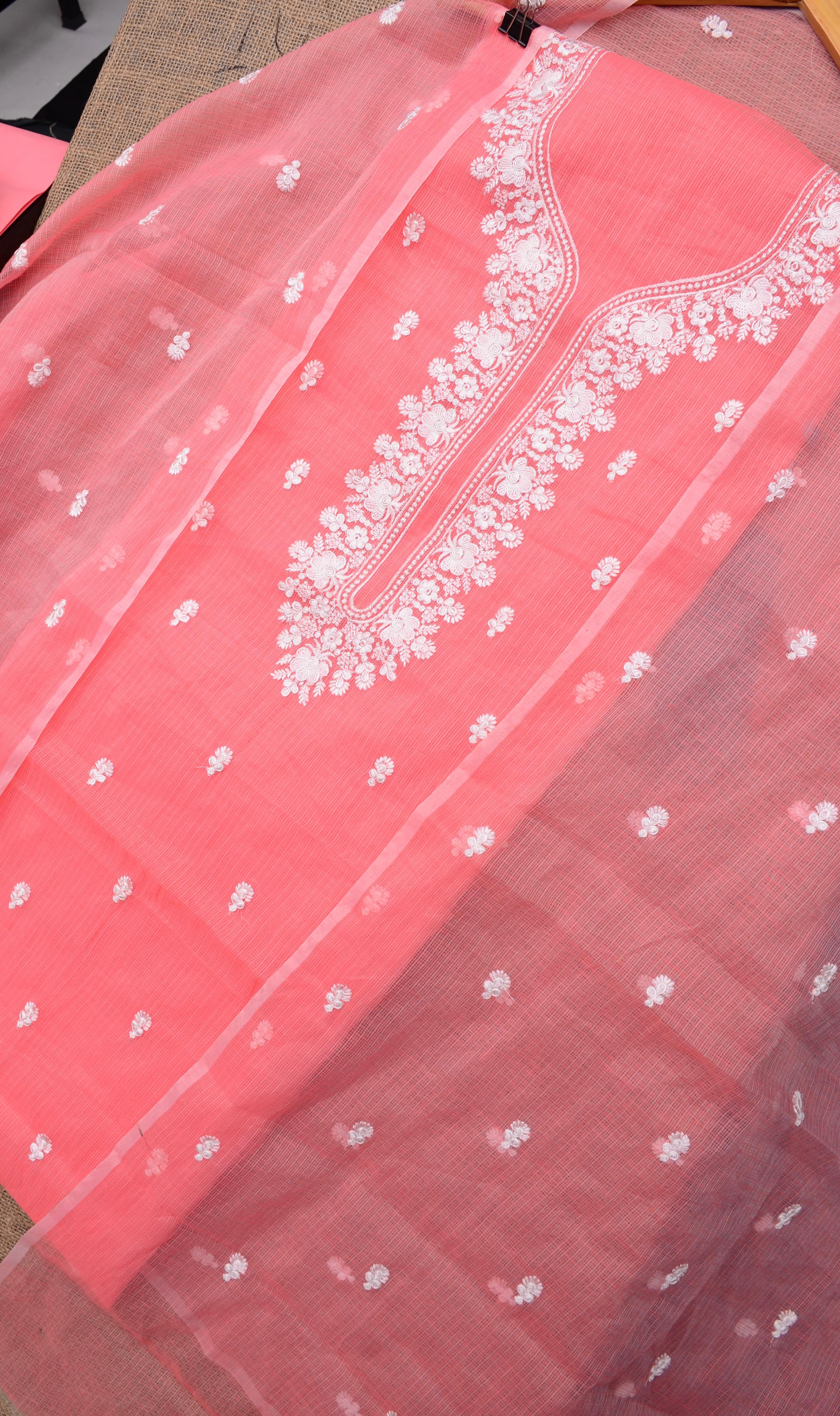Pink Embroided Work Kota Doria Suit Fabric With Dupatta