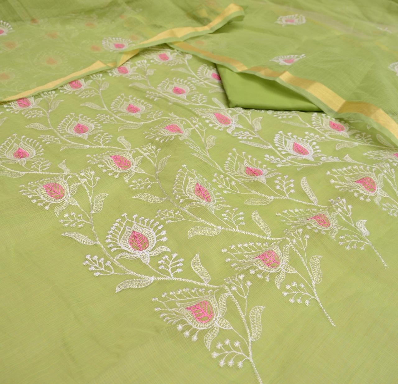 Kota Doriya Embroidery Work Suit In Green