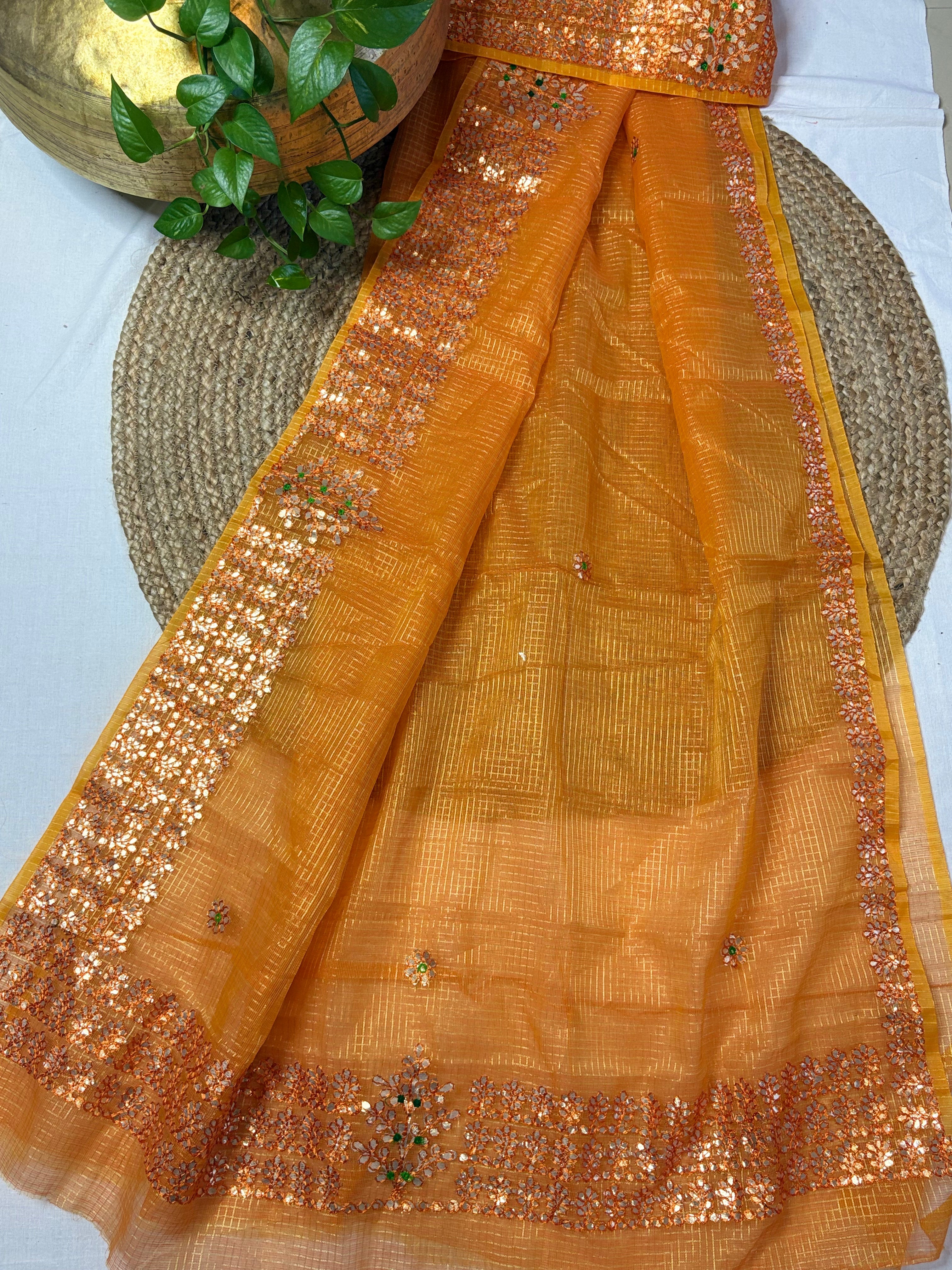 Mustard Yellow Kota Doria Gota Patti Saree