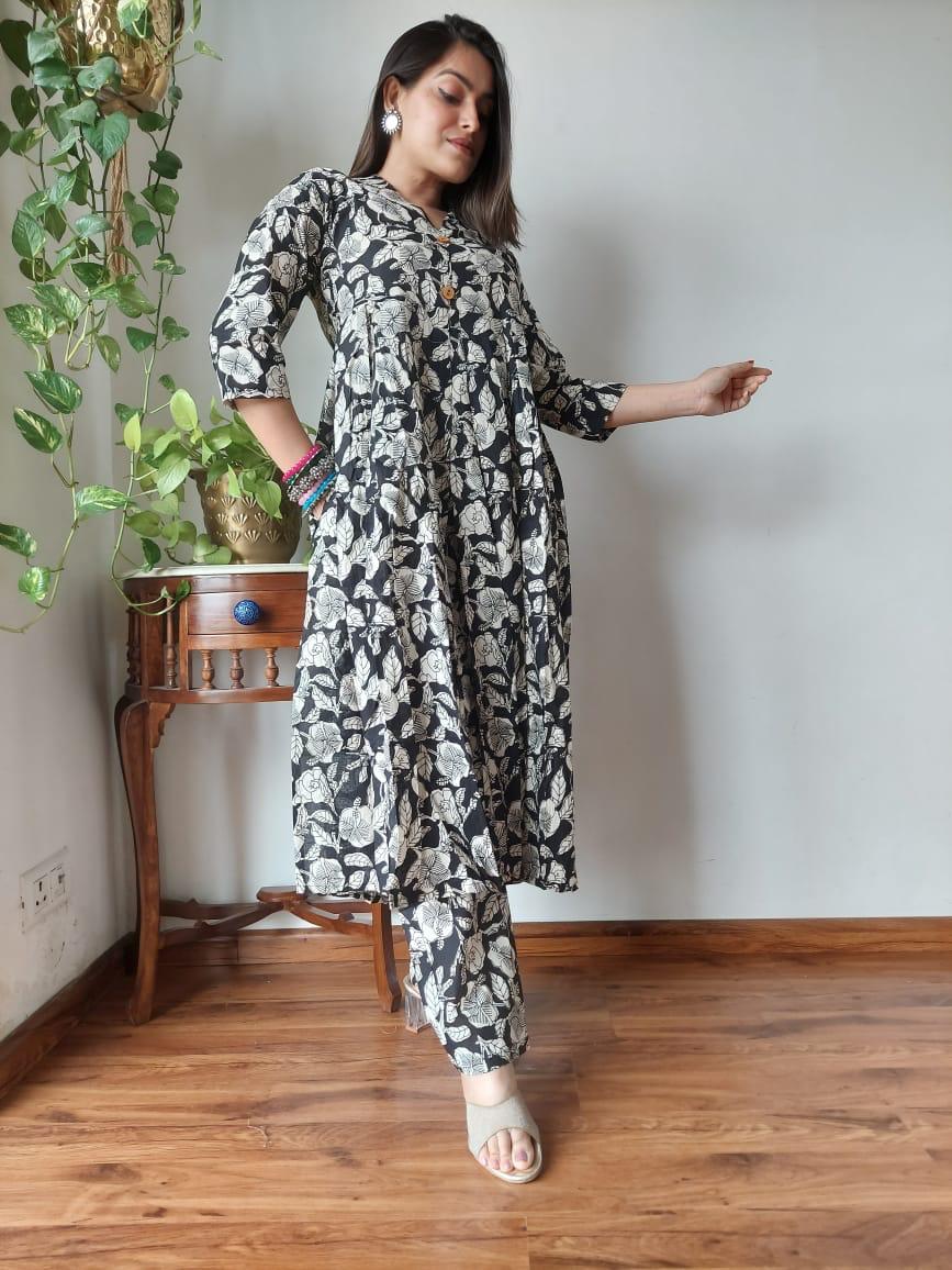 Dark Grey Floral Bagru print Naira Cut Suit Set