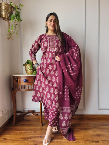 Maroon Stitched Cotton Suit Set