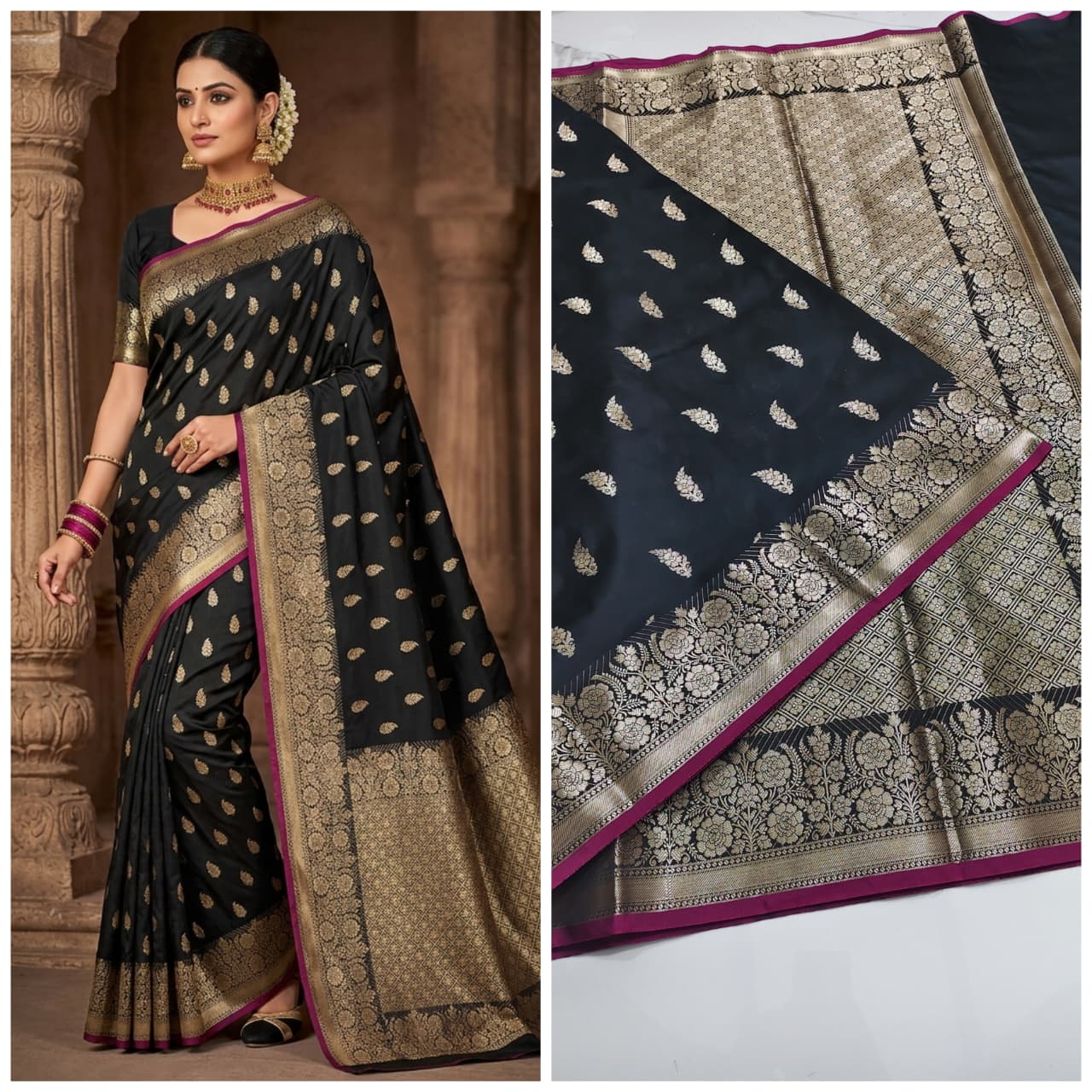 Banarasi Handloom Semi Kathan  Saree In Black