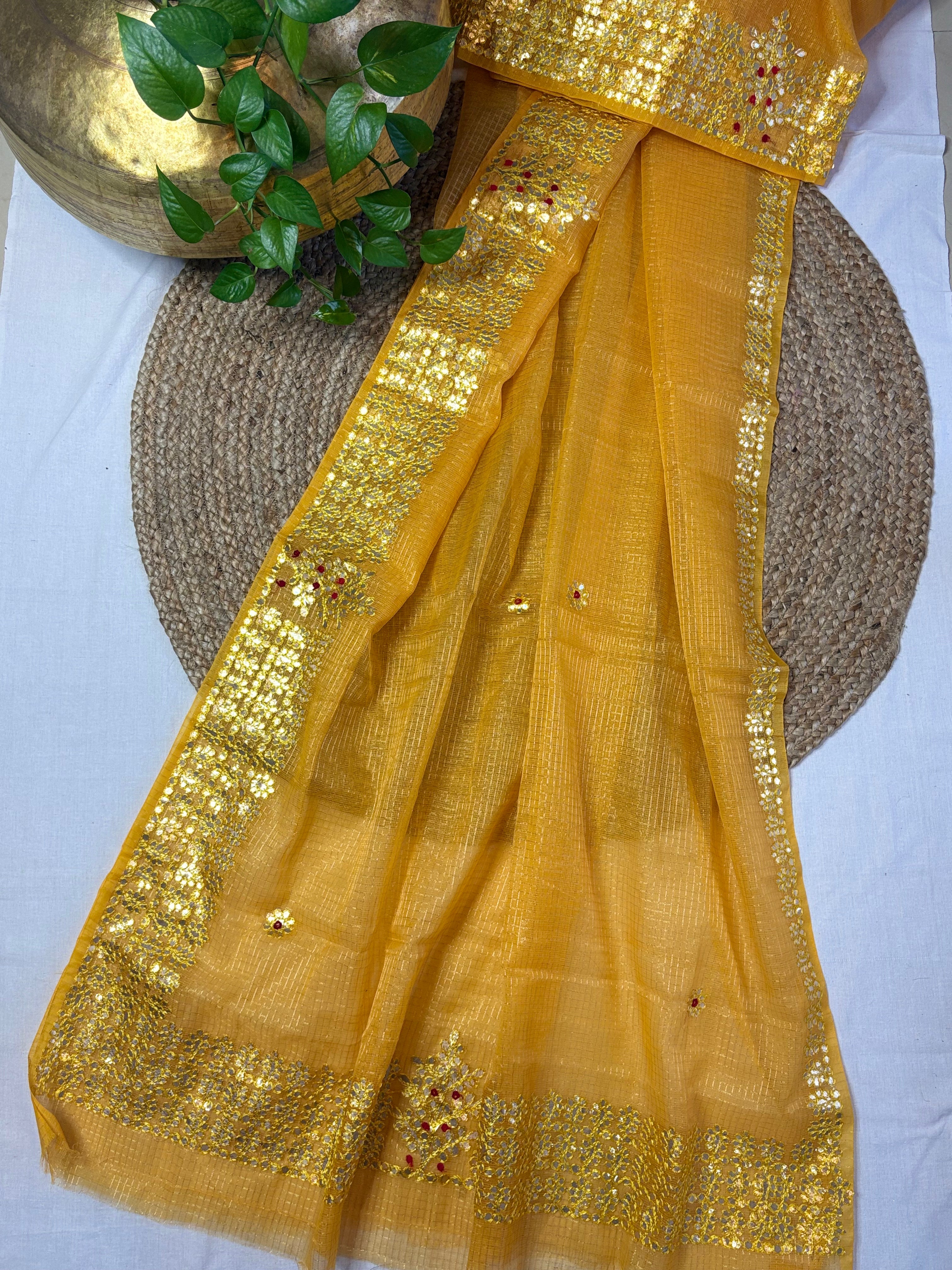 Yellow Kota Doria Gota Patti Saree