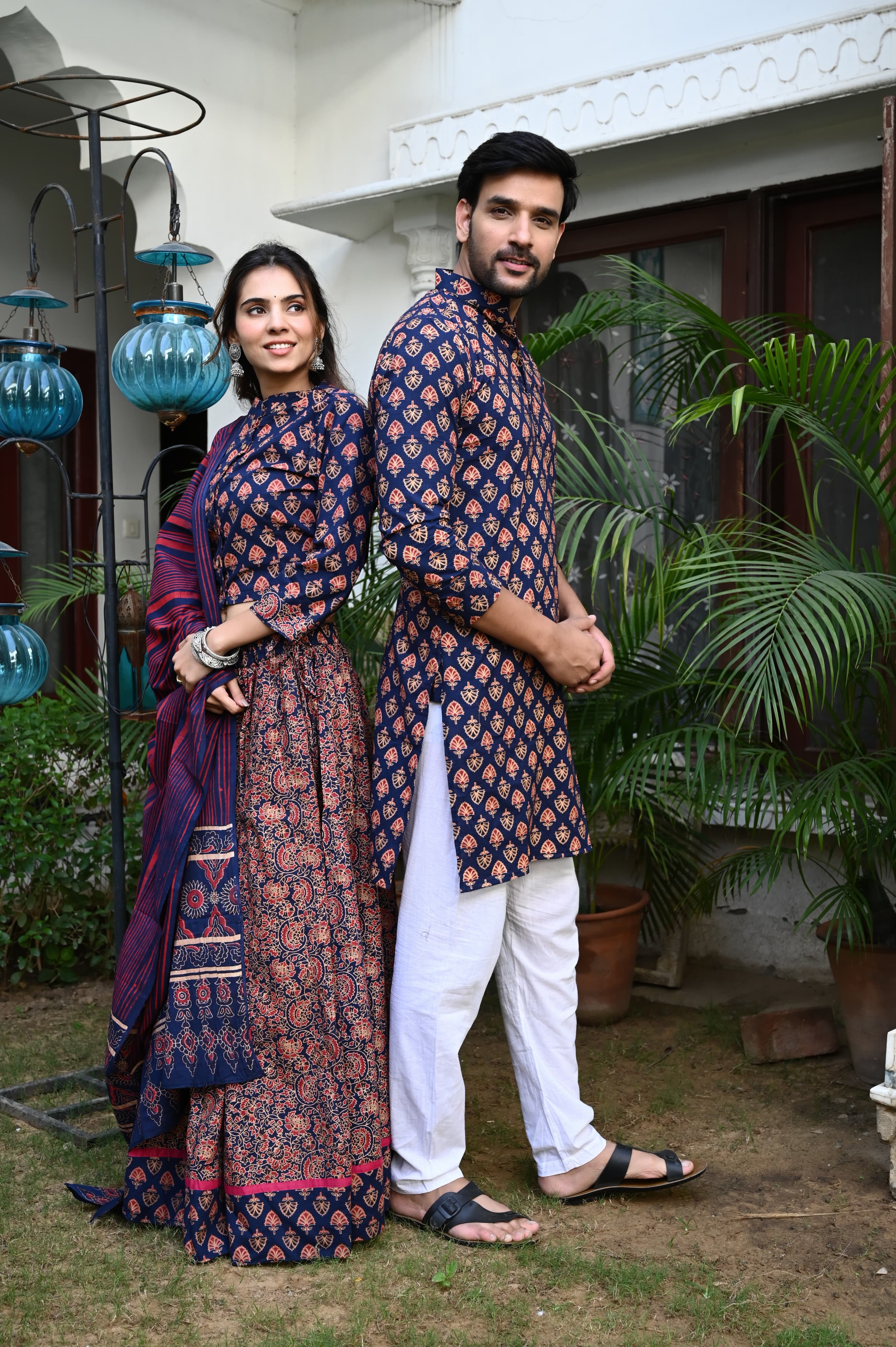 Jamuni colour Pure Cotton Twinning Couple Set In Block Print