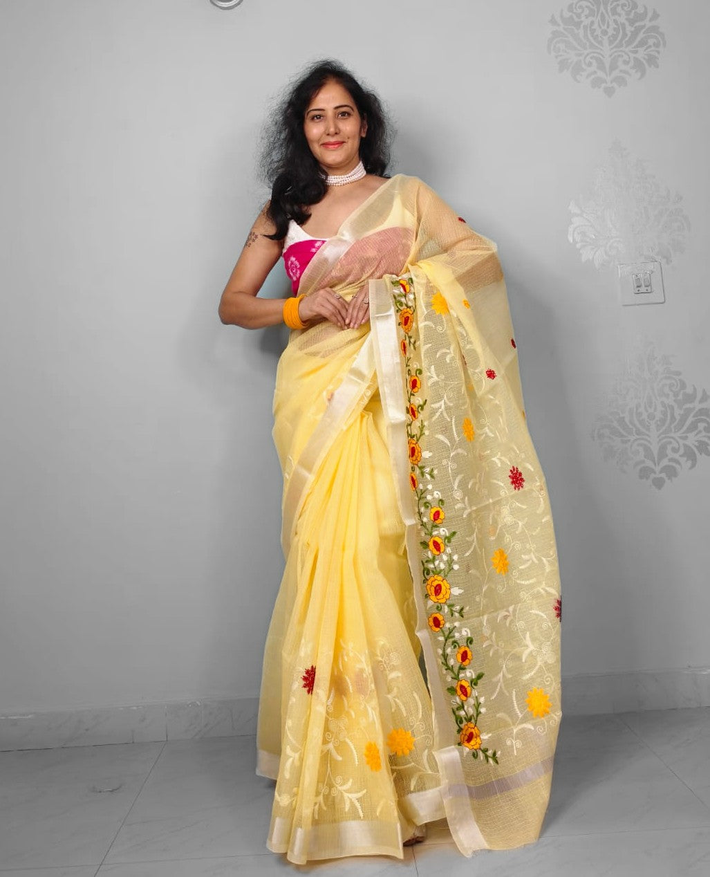 Yellow Kota Doria Embroidery Work Saree