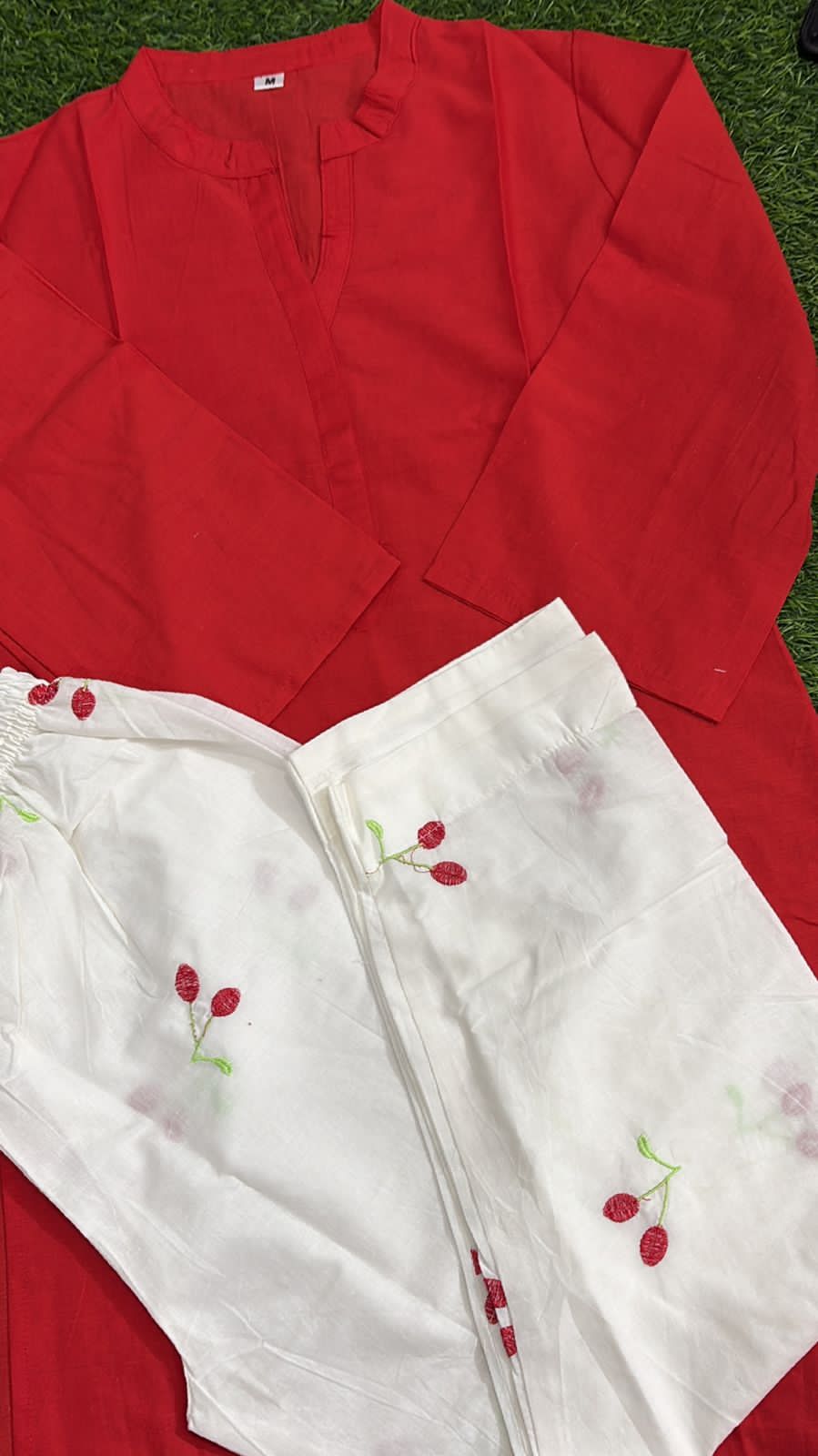 Cherry Red Kurti With Embroidery Palazzo Set