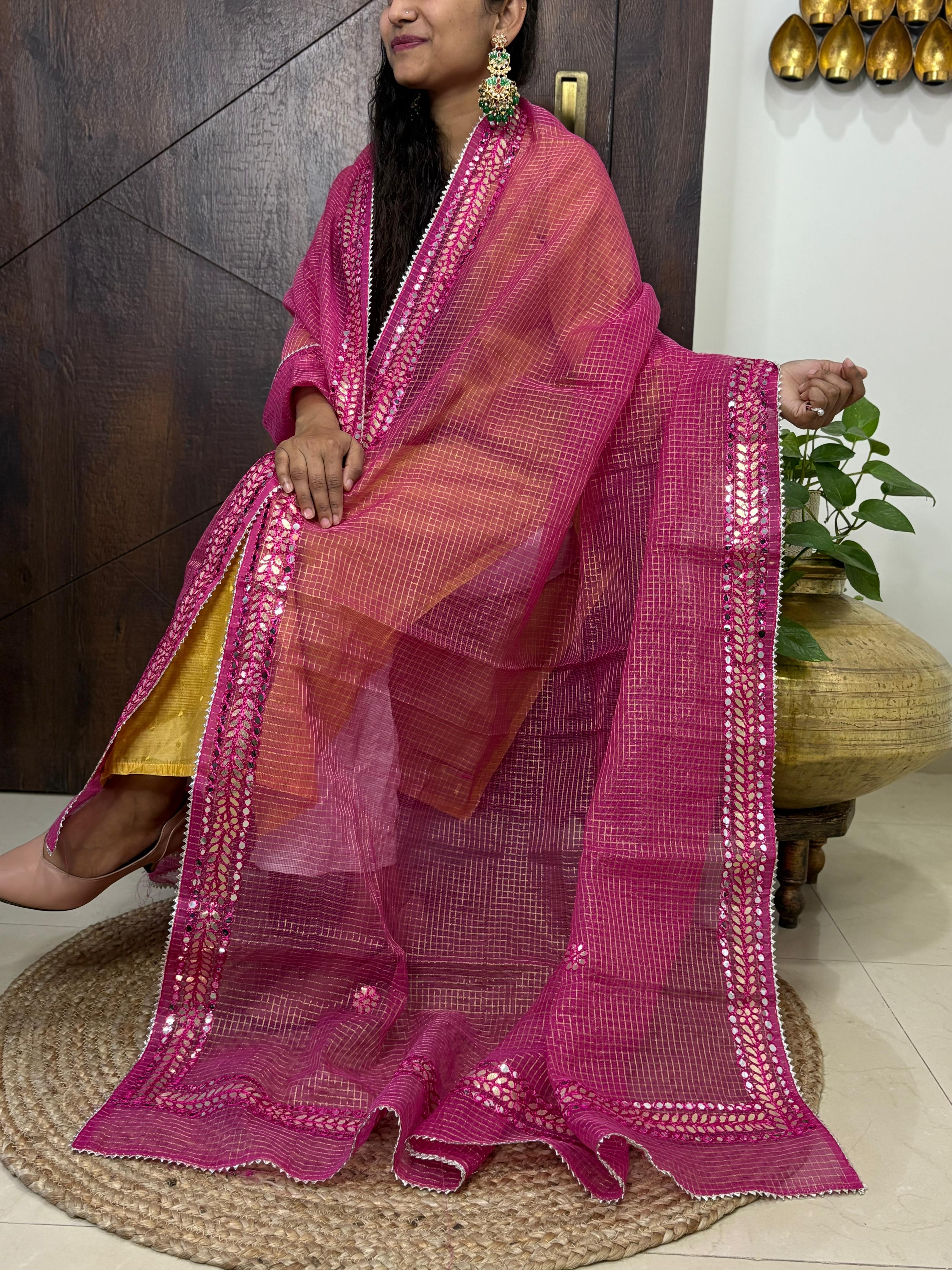 Pink Kota Doria Heavy Gota Patti Work Dupatta