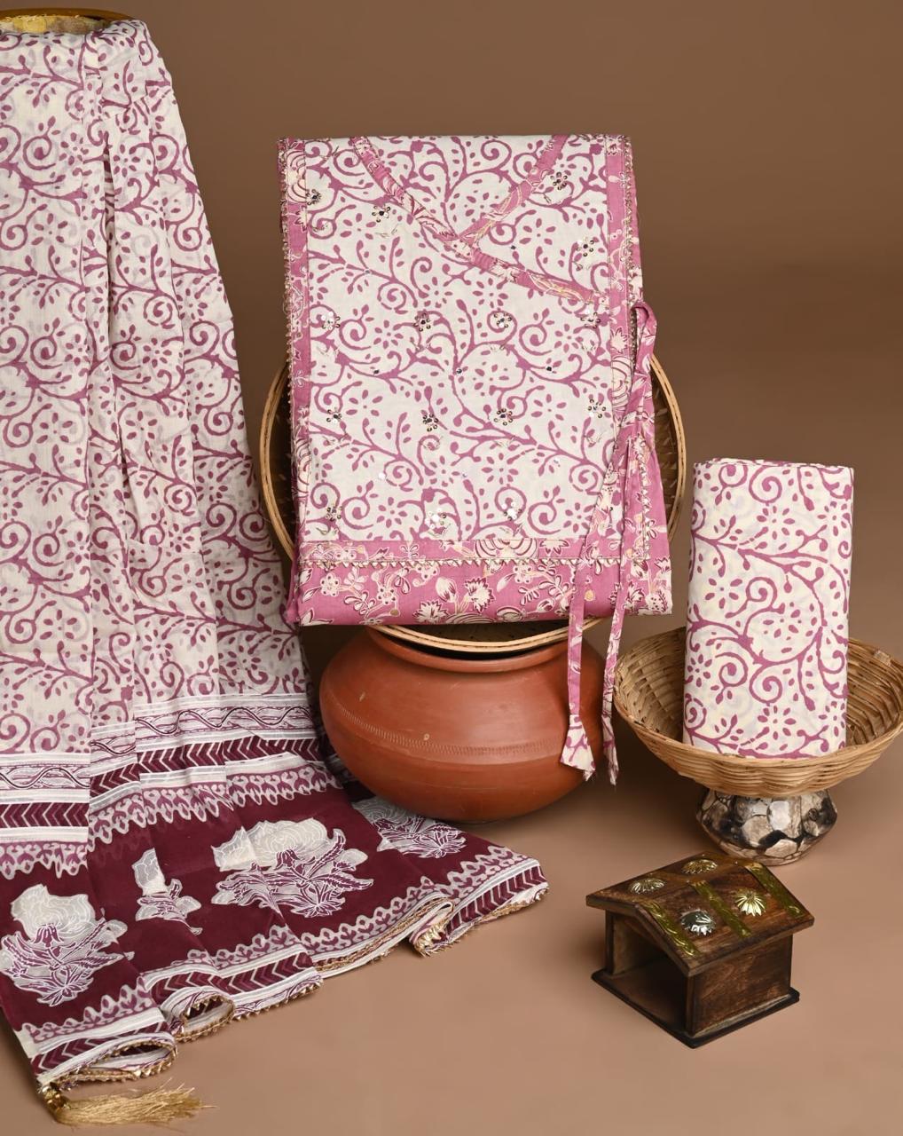 Wine Pink Angrakha Traditional Print Trending Cotton Suit Set