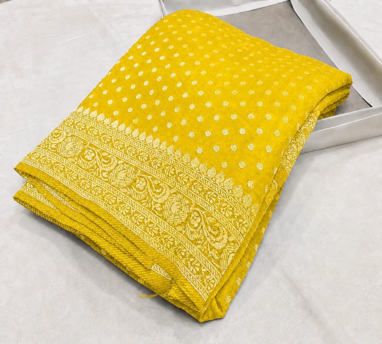Yellow Banarasee Semi Georgette Small Booti Work Saree