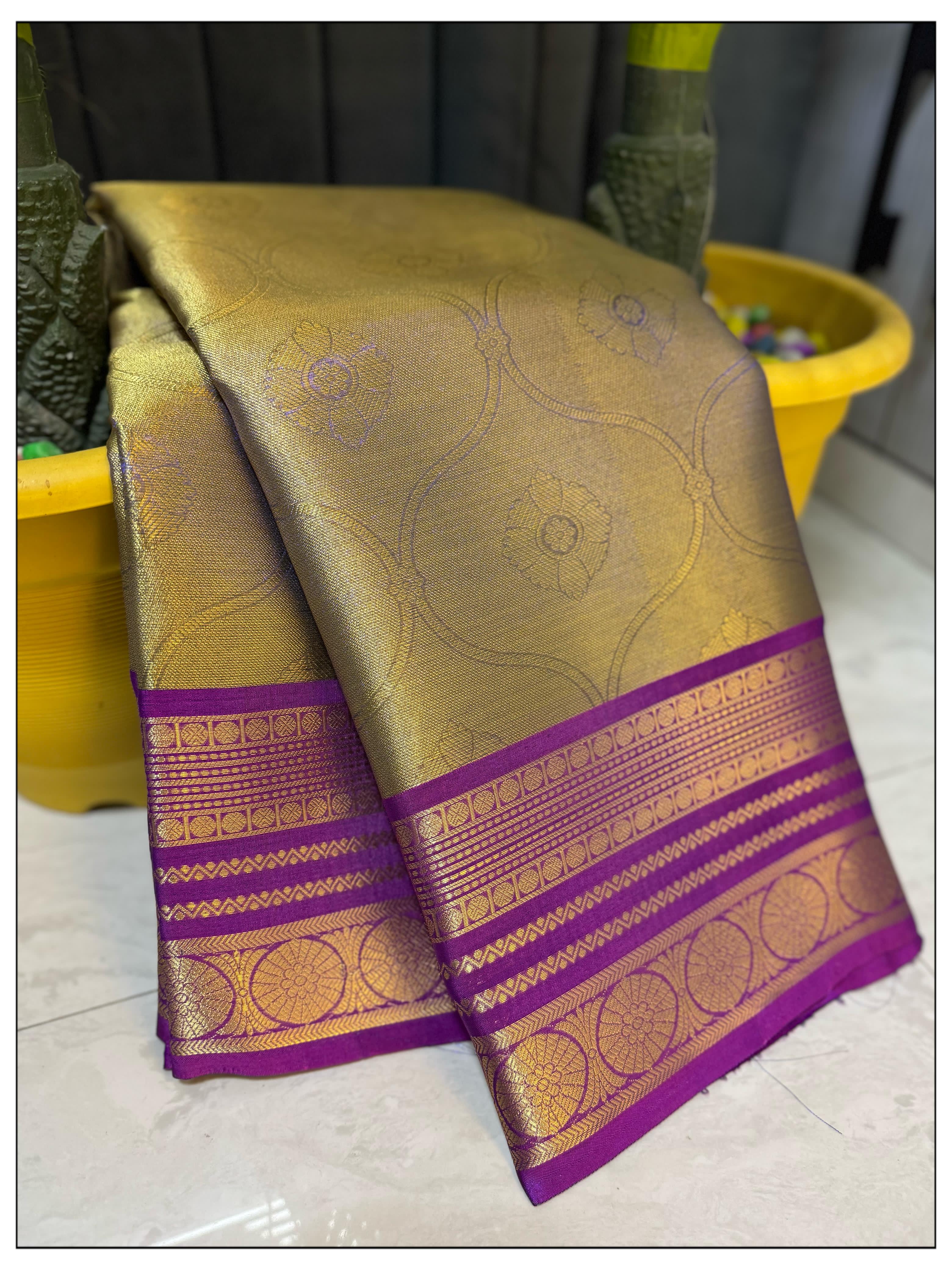 Golden With Pink Banarasi Soft Tissue Saree