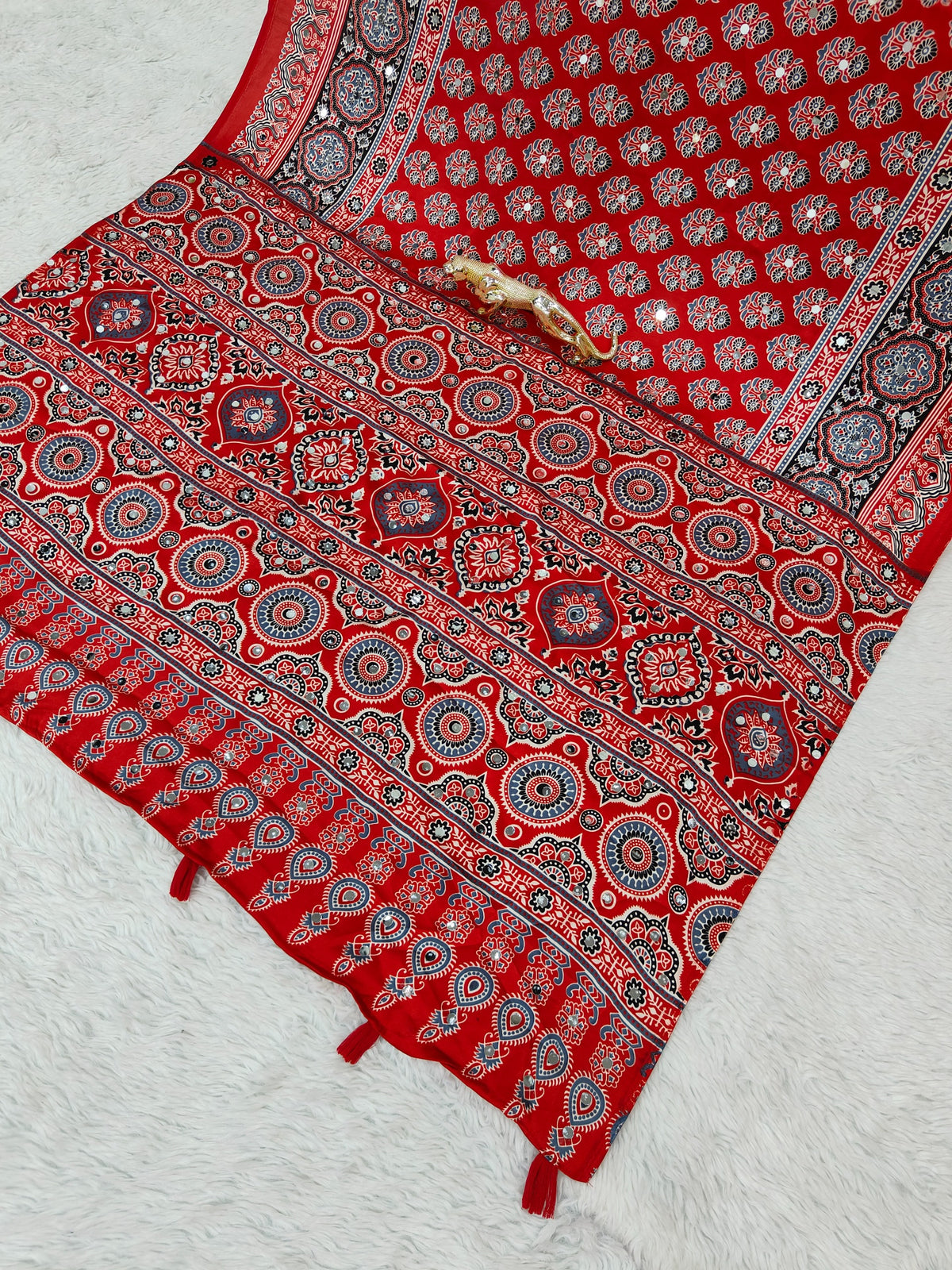 Red Ajrakh Print Mirror Work Satin Silk Saree