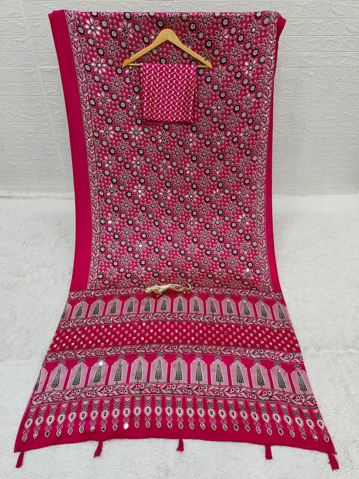 Red Ajrakh Print Mirror Work Satin Silk Saree