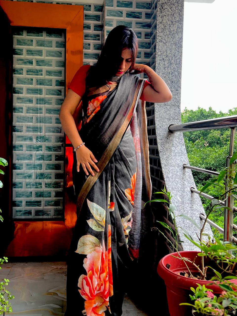 Malini Black Floral Print Pure Linen Saree