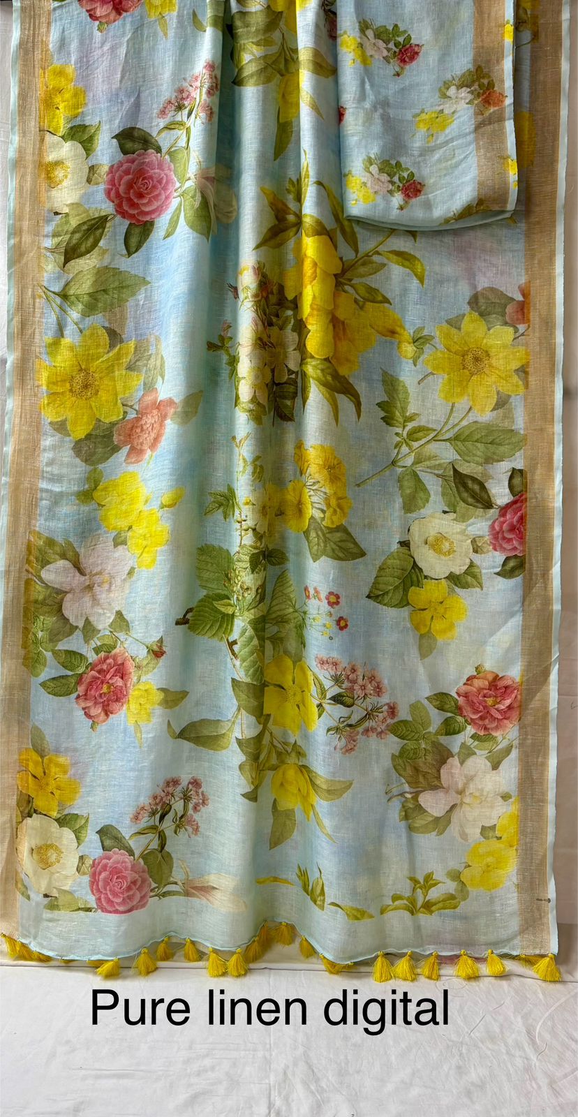Kesar Sky Blue Floral Pure Linen Saree