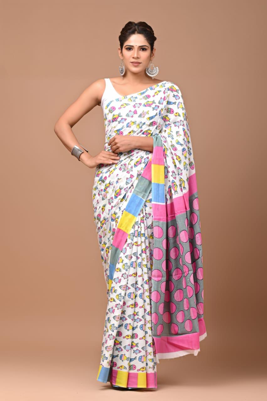 Multicolor Fun Polka Hand Block Print MulMul Cotton Saree