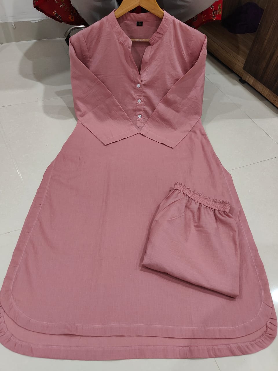 Pink cotton cord set, kurti palazzo