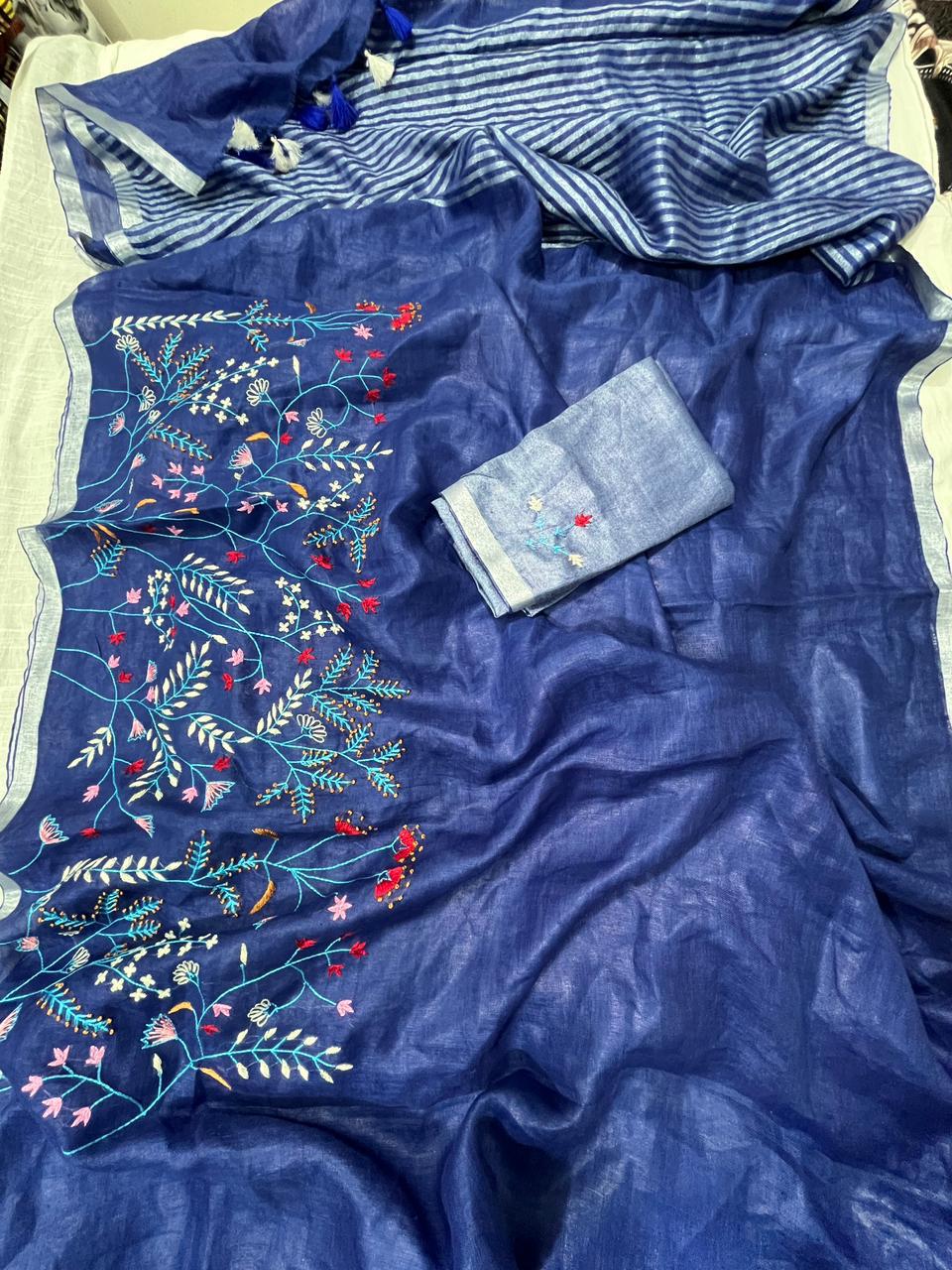Linen Embroidery Saree In Blue