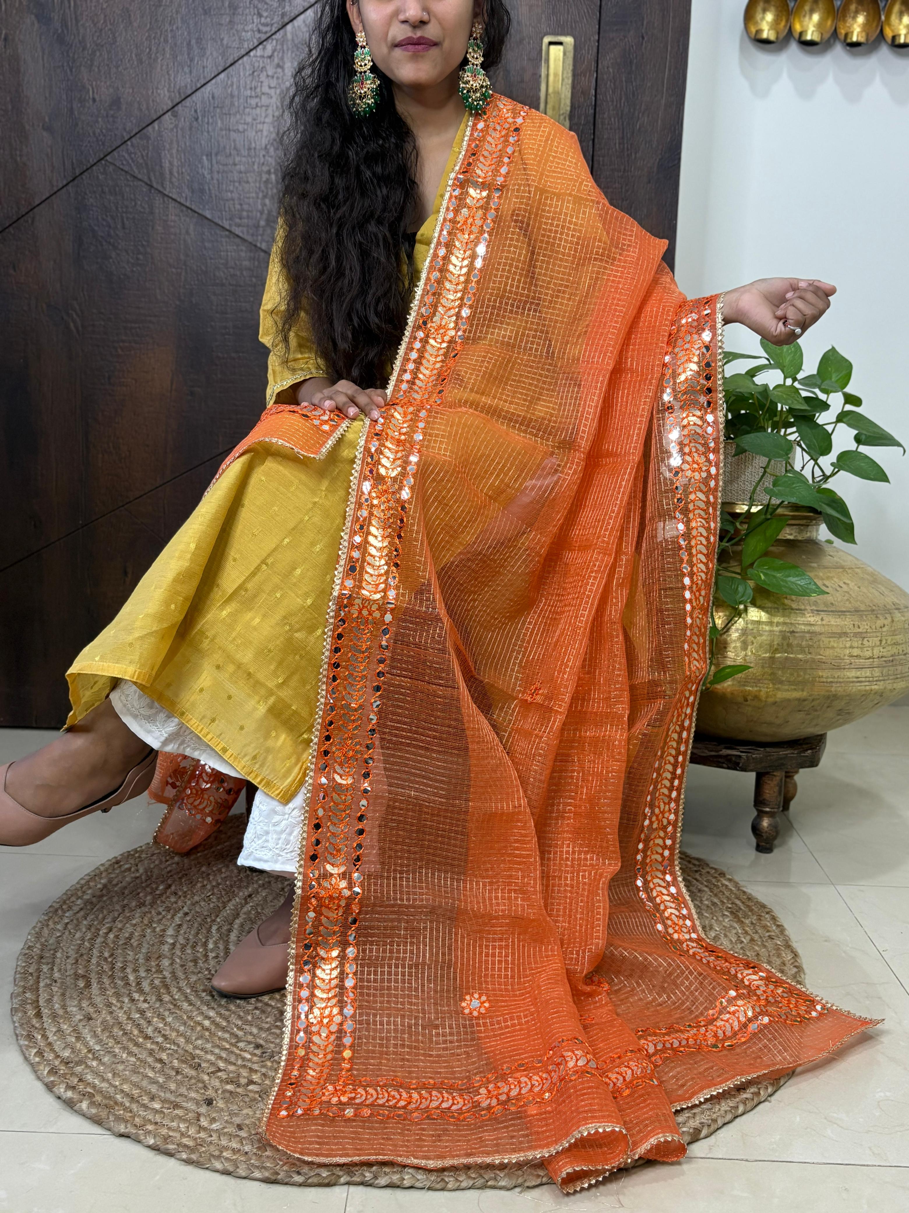Orange Kota Doria Heavy Gota Patti Work Dupatta