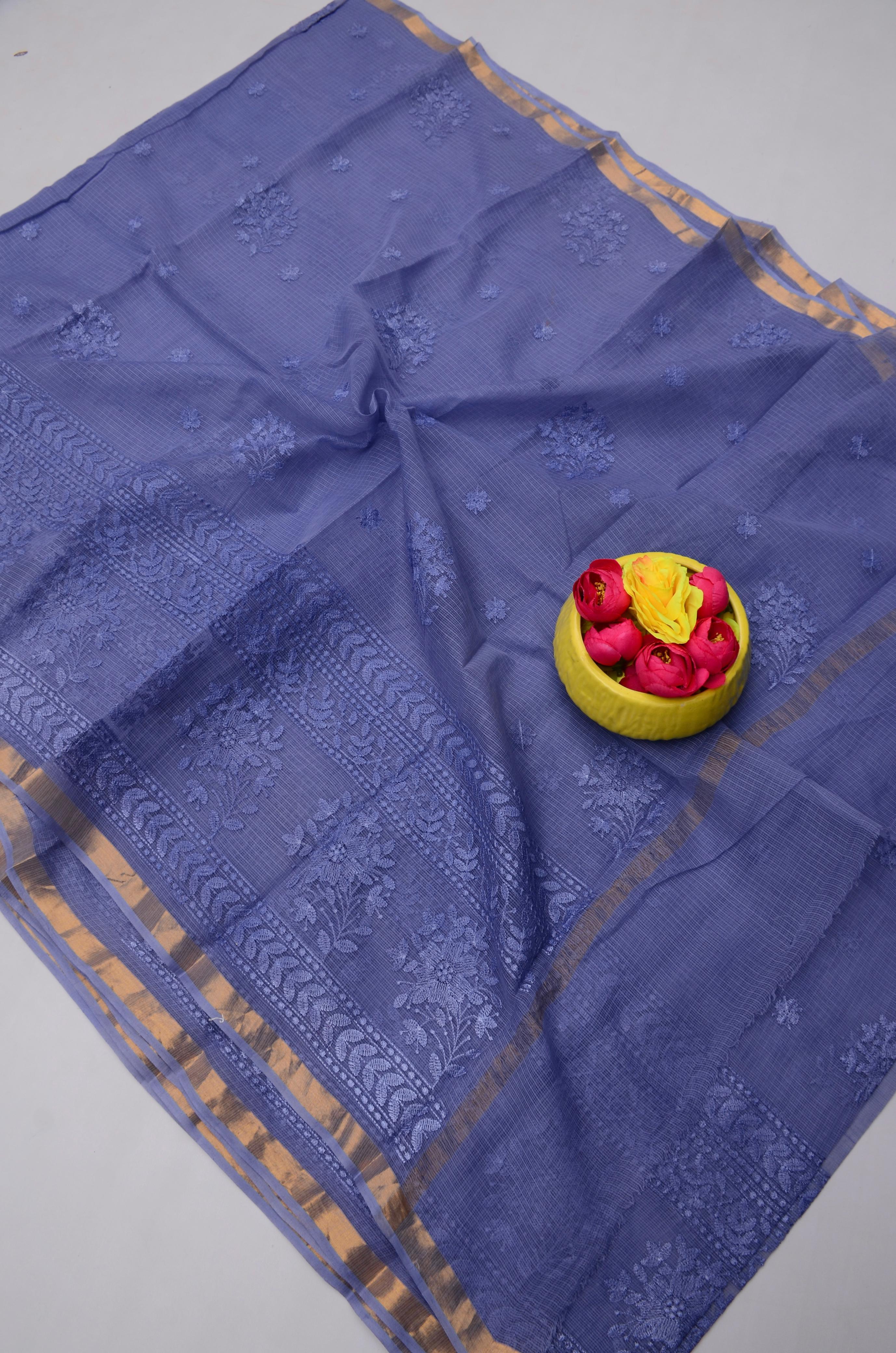 Blue Kota Doria All Over Embroidery Work Saree