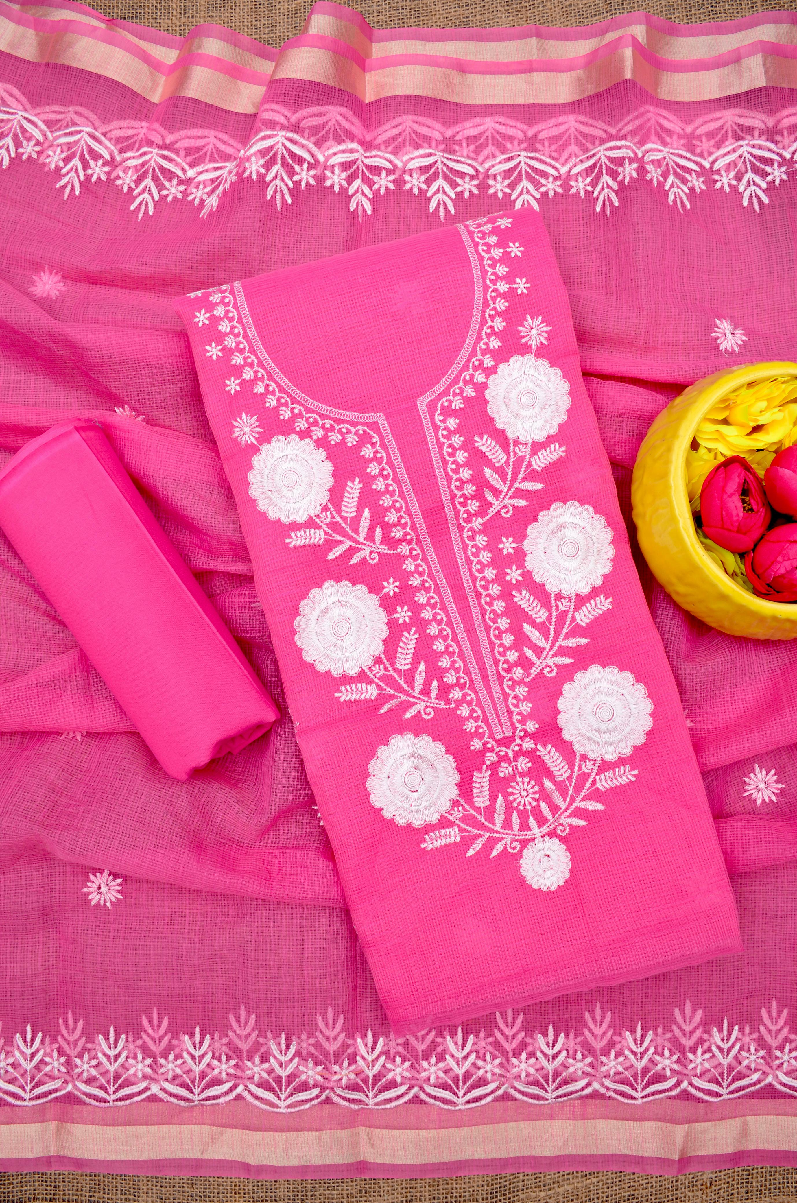 Kota Doria Embroidered Suit Set In Pink (unstitched)
