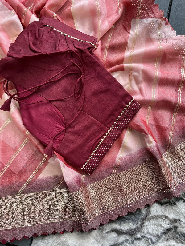 Peach Red Organza Soft Silk Saree With Stitched Blouse
