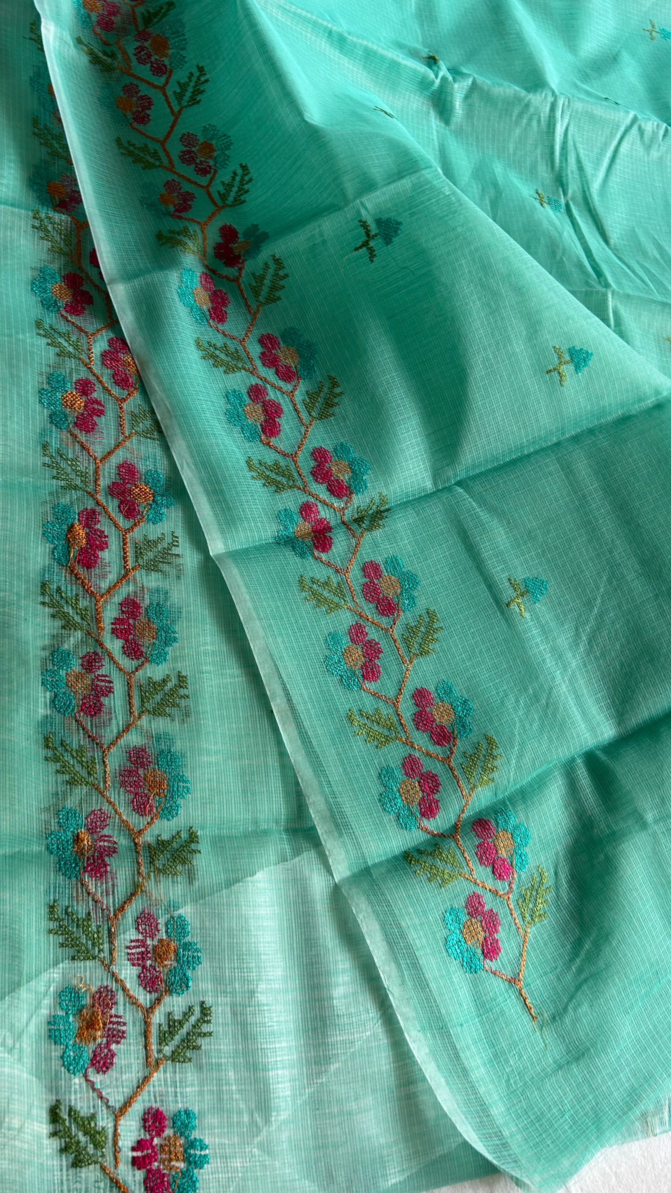 Cross Stitch Kota Doria Embroidery Work Saree In Sea Green