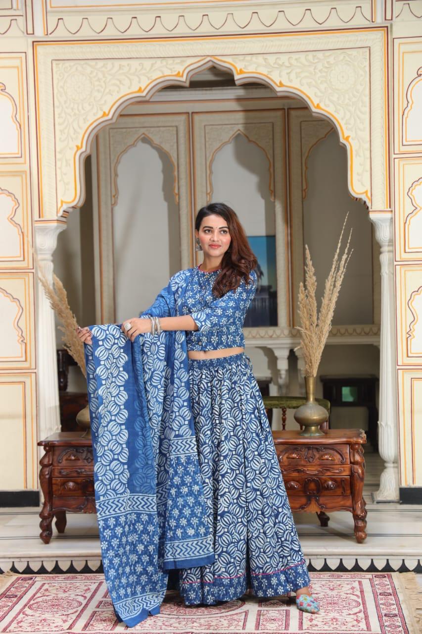 Blue Colour Bagru Print Flora lehenga choli Set