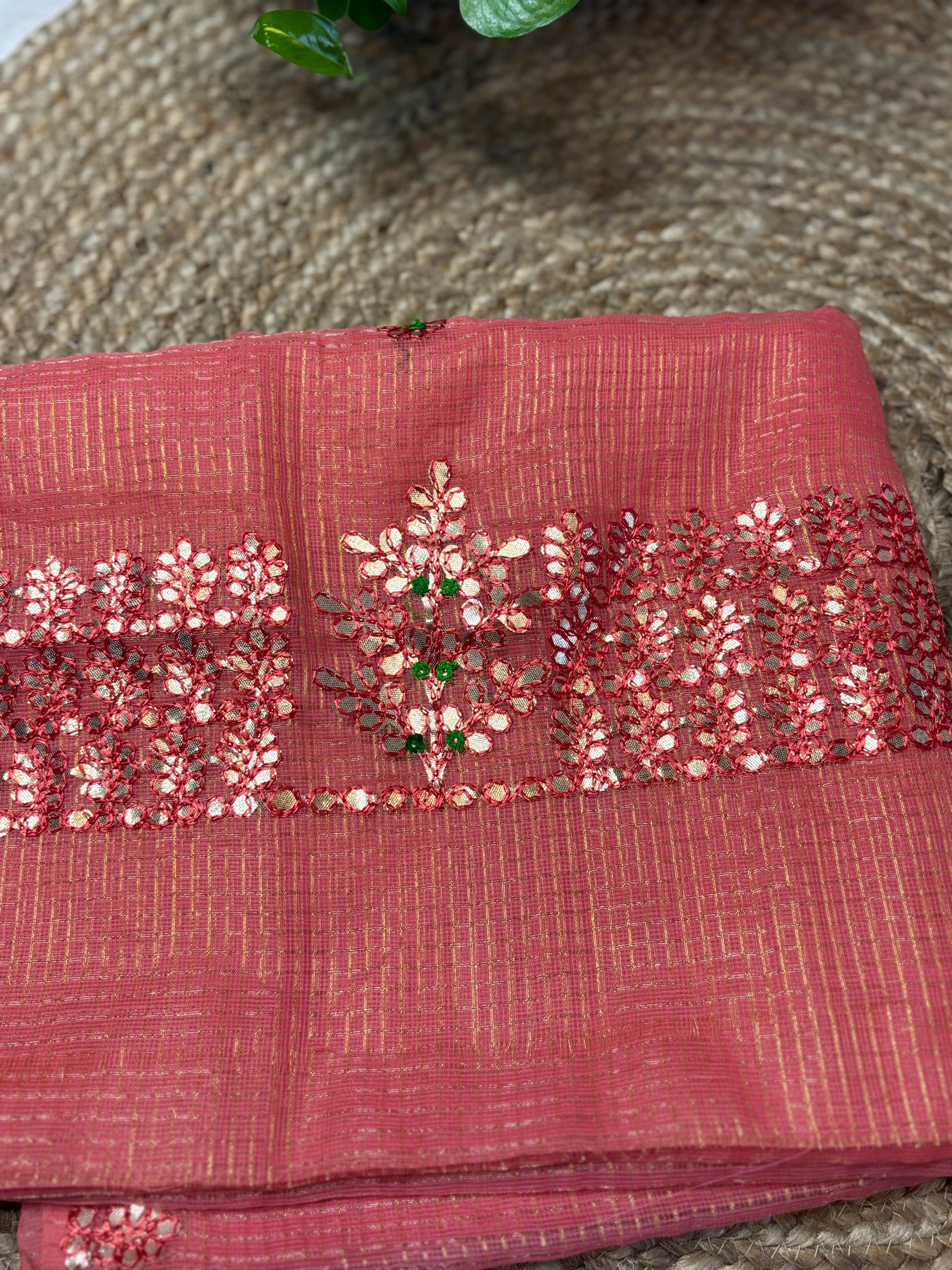 Mauve Pink Kota Doria Gota Patti Saree