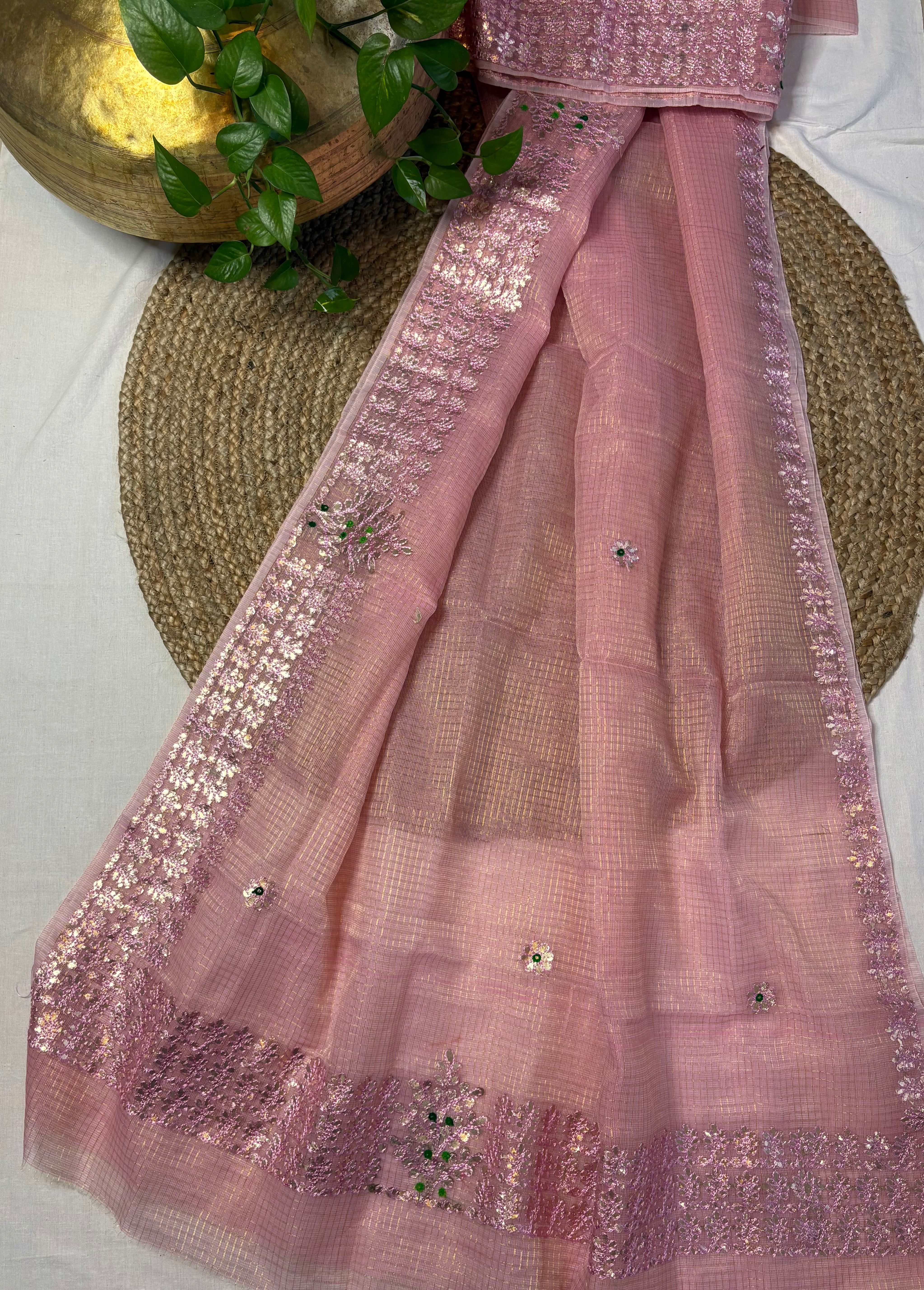 Light Pink Kota Doria Gota Patti Saree