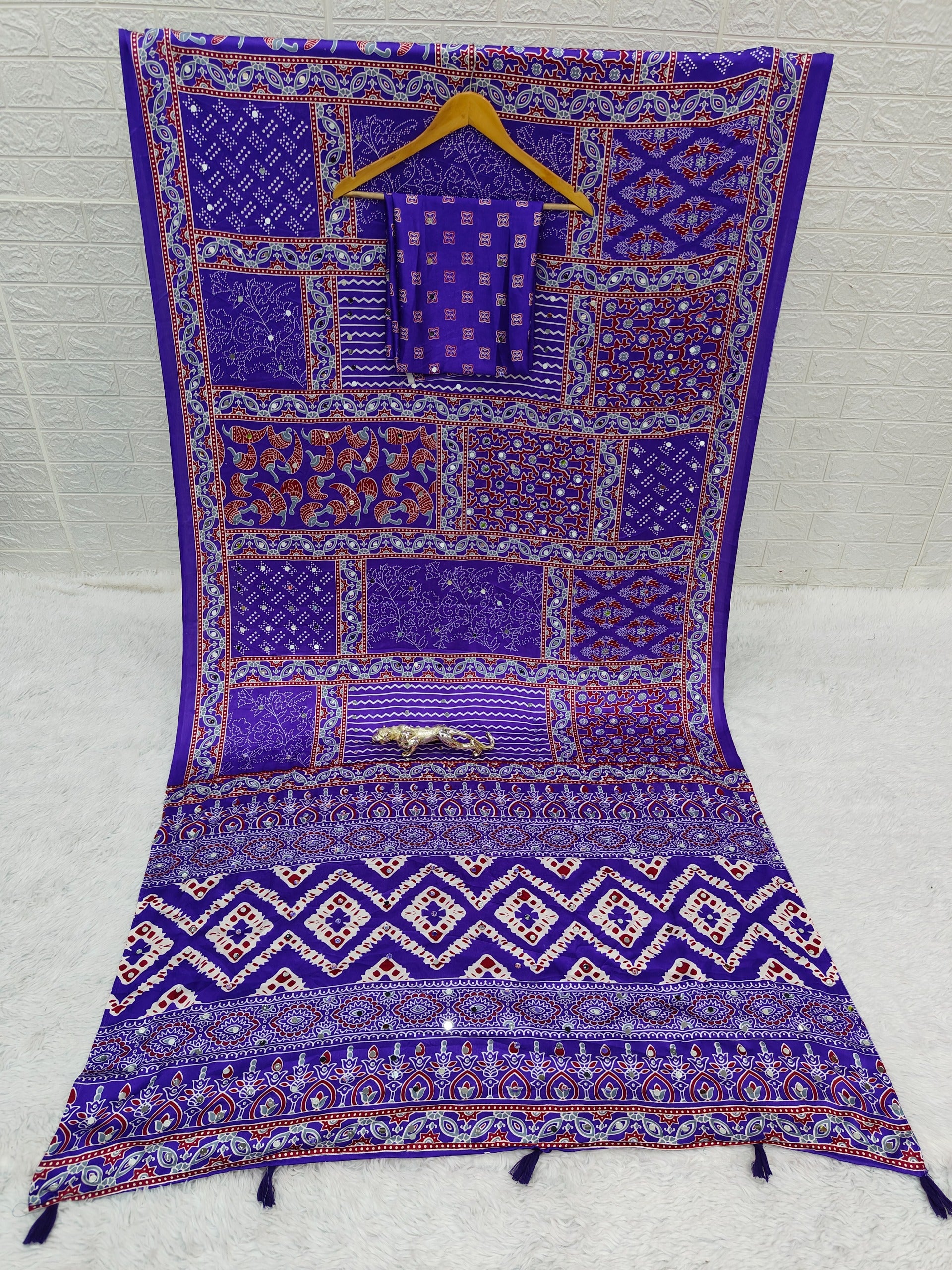Purple Ajrakh Print Mirror Work Satin Silk Saree