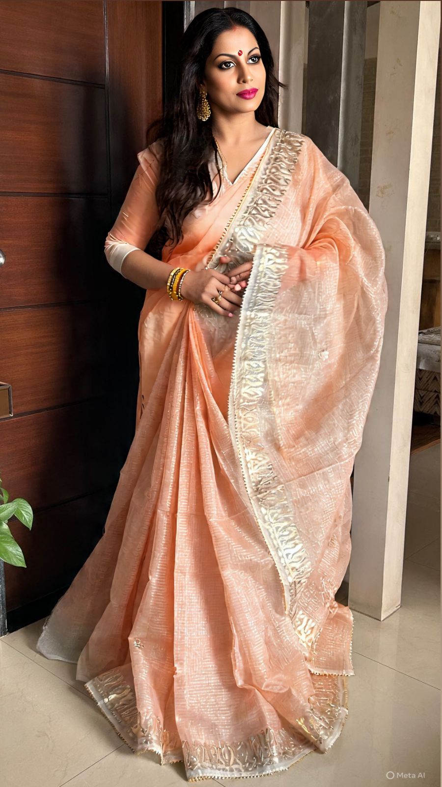 Komal- Light Peach Kota Doria Gota Patti Saree