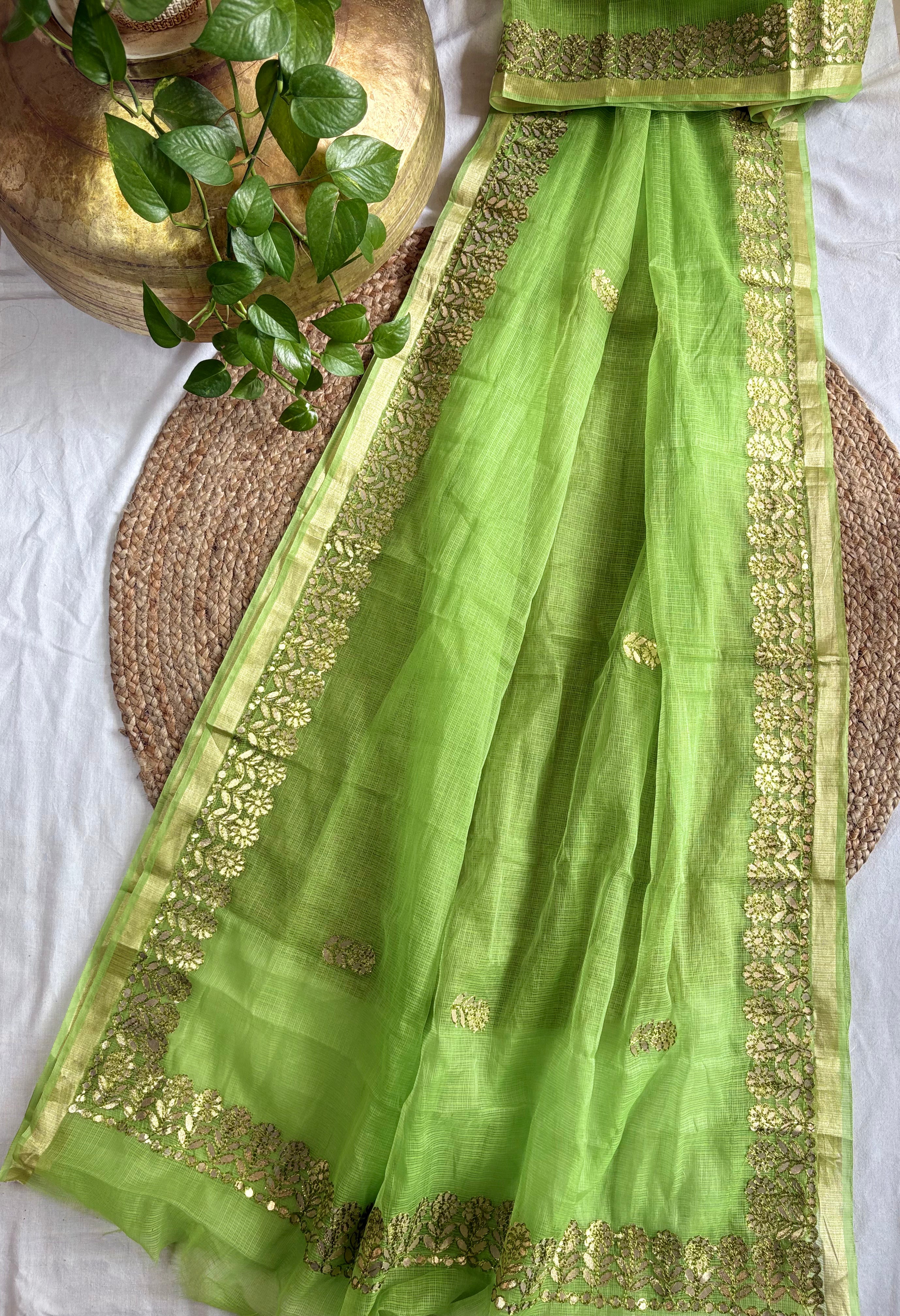 Green Kota Doria Gota Patti Saree