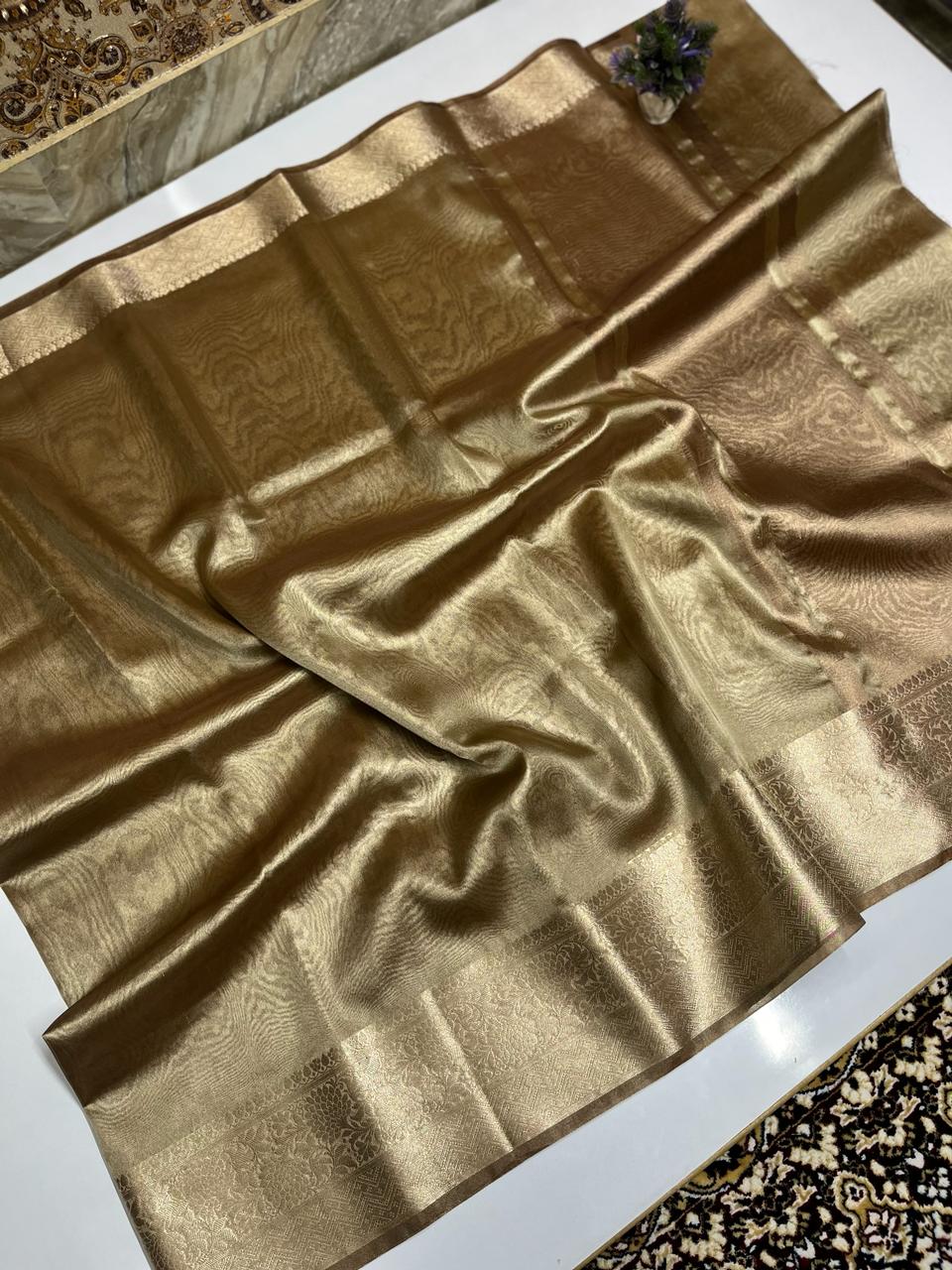 Zari woven border banarasi soft tissue saree shimmer Gold 