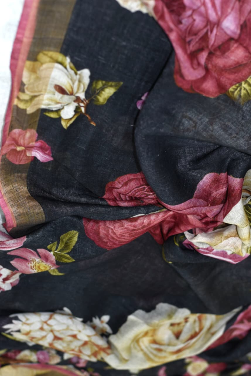 Malini Black Floral Print Pure Linen Saree